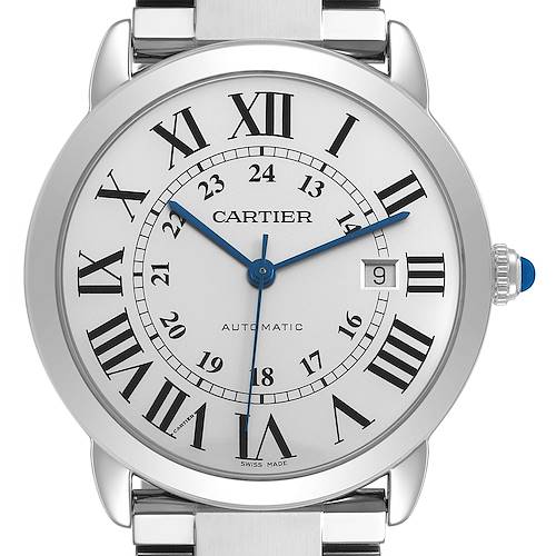 The Cartier Ronde W6701011 Men's Stainless Steel Silver Dial watch is shown from the front, highlighting the dial, hands, Roman numerals, and date window.
