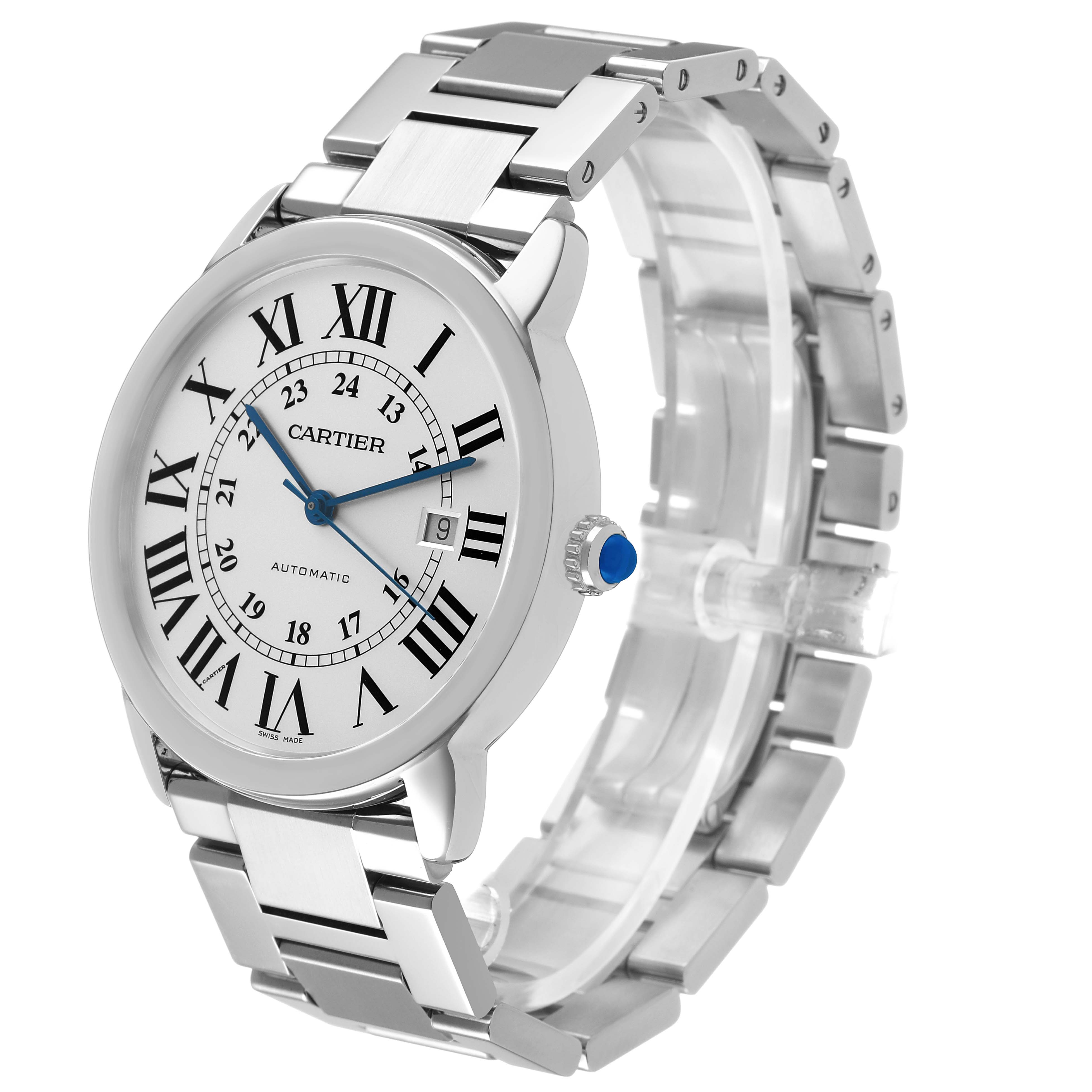 The Cartier Ronde W6701011 Men's Stainless Steel Silver Dial watch is shown at a three-quarter angle, displaying the face, crown, and part of the bracelet.