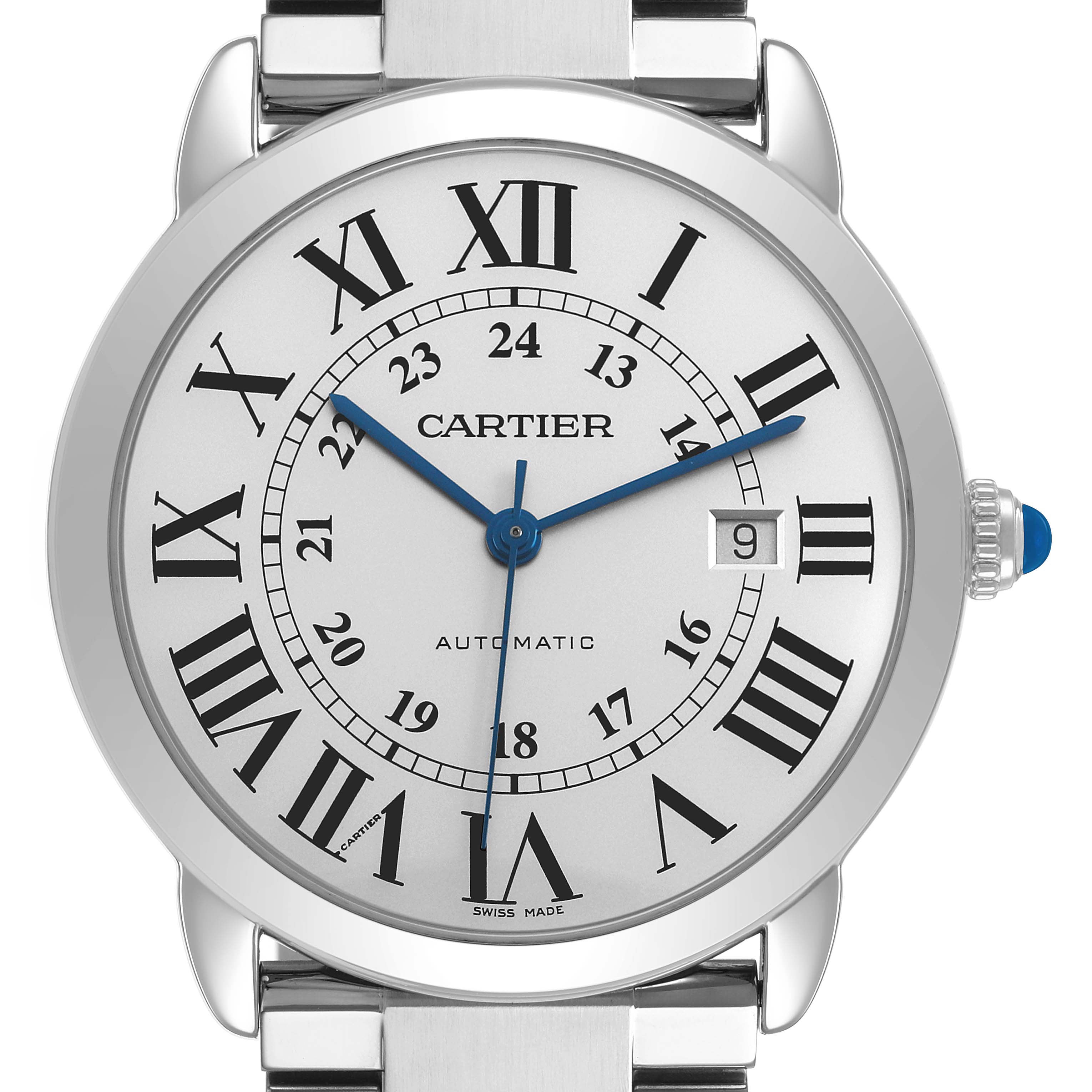 The Cartier Ronde W6701011 Men's Stainless Steel Silver Dial watch is shown from a front angle, highlighting the face, Roman numerals, hands, and date feature.
