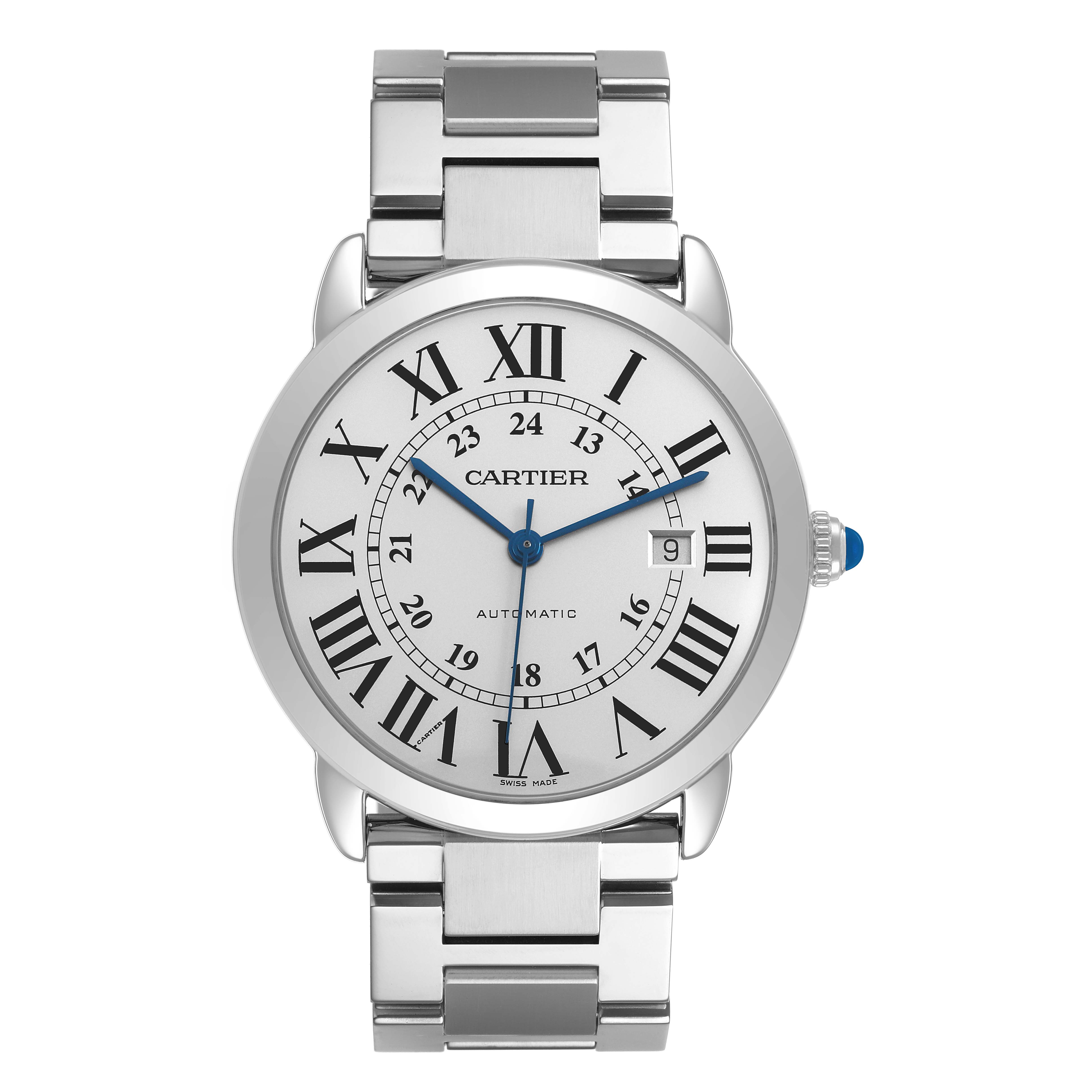 The Cartier Ronde W6701011 Men's Stainless Steel Silver Dial model is shown from a front angle, displaying the full face and stainless steel bracelet.