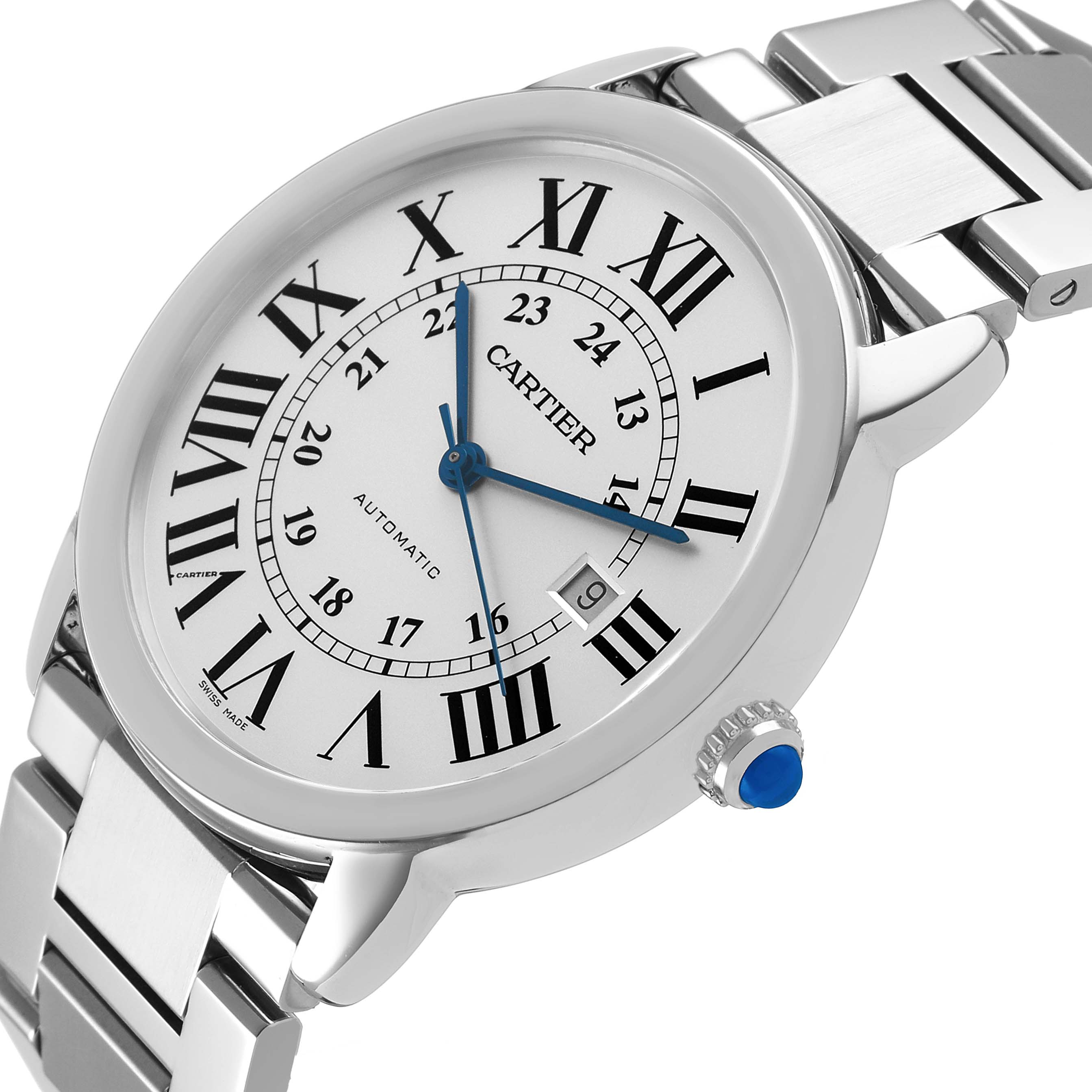 The Cartier Ronde W6701011 Men's Stainless Steel Silver Dial watch is shown at an angle displaying the face, Roman numeral indices, blue hands, date window, and part of the metal bracelet.