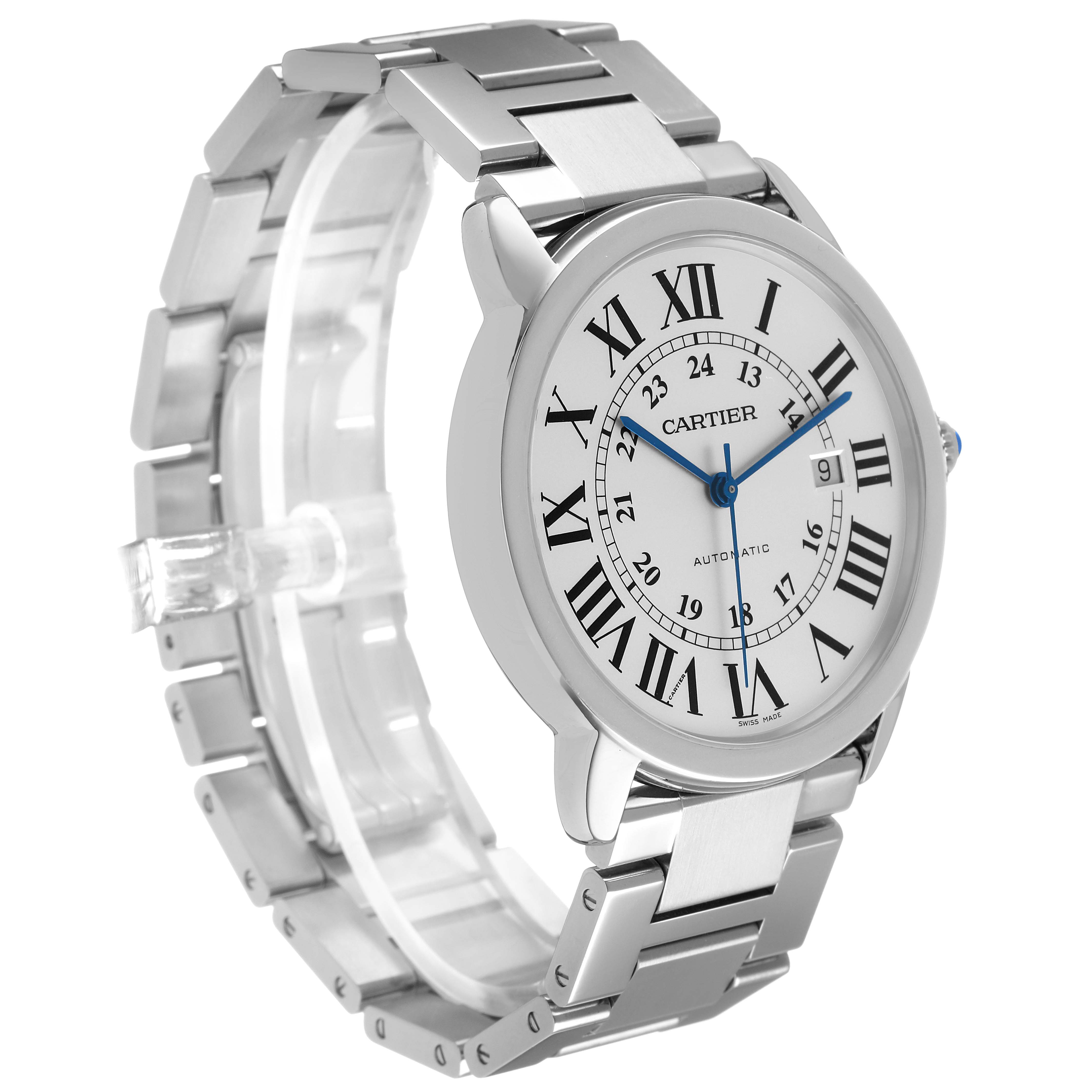 The Cartier Ronde W6701011 Men's Stainless Steel Silver Dial watch is shown at a three-quarter angle showcasing the face, bezel, and metal bracelet.