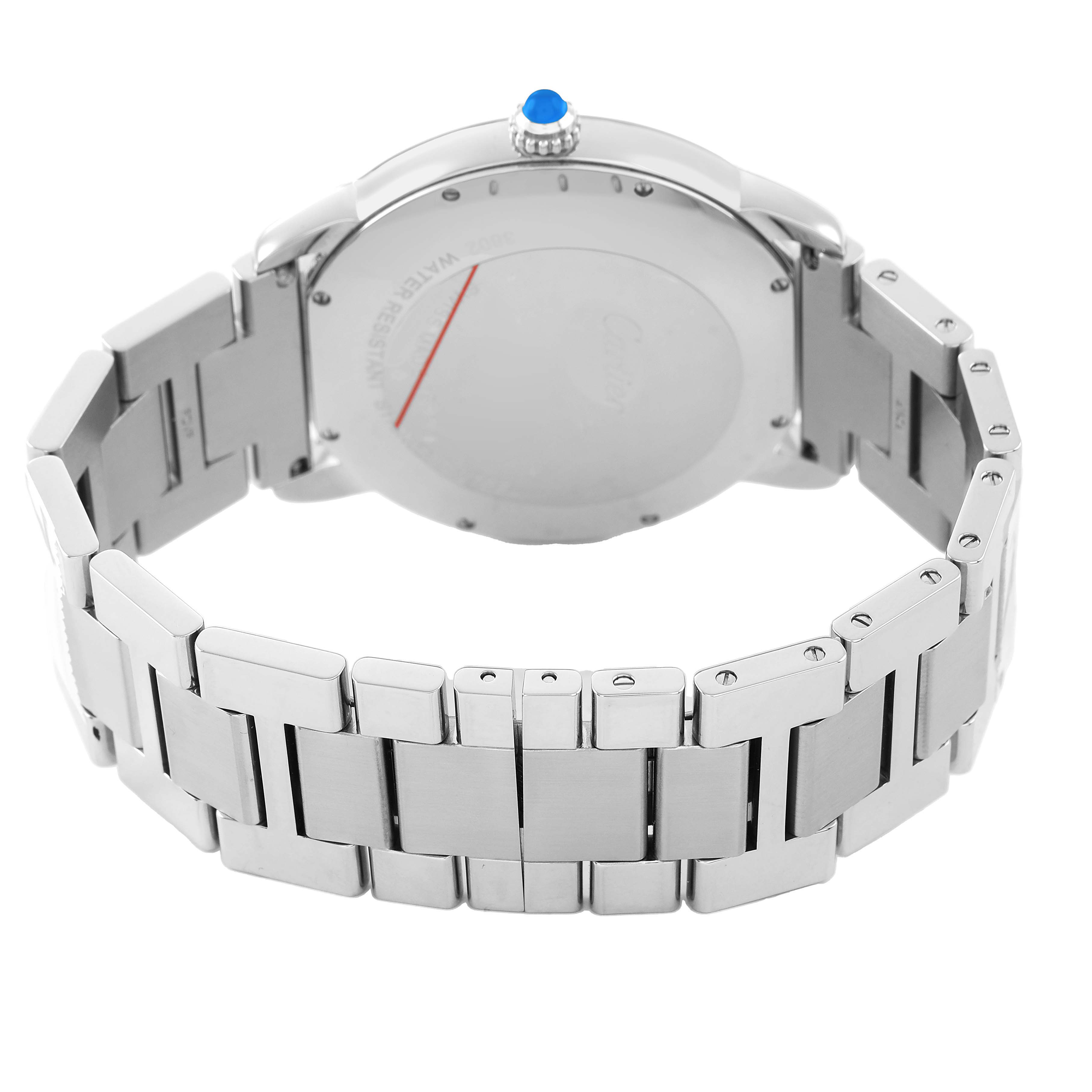 The image shows the back of the Cartier Ronde W6701011 Men's Stainless Steel Silver Dial watch, highlighting its metal bracelet and case back.