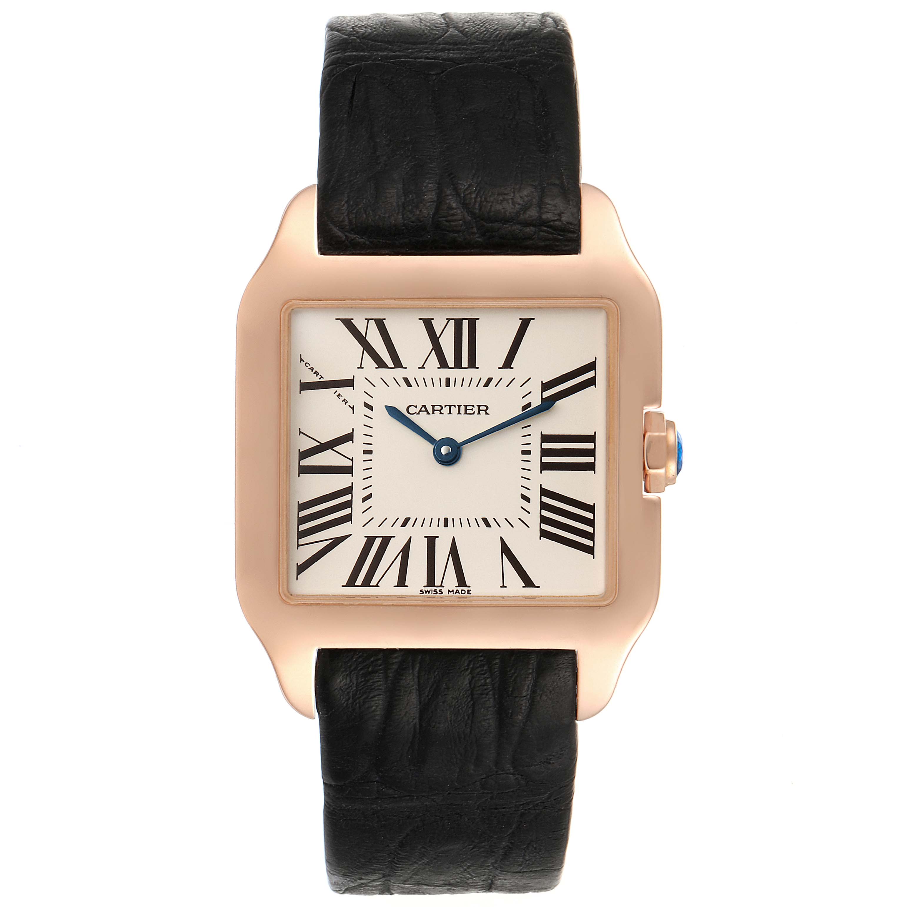 This Cartier Santos Dumont W2009251 Men's Rose Gold Silver Dial W2009251 Men's Rose Gold Silver Dial watch is shown from a front angle, highlighting its face, Roman numerals, and black leather strap.