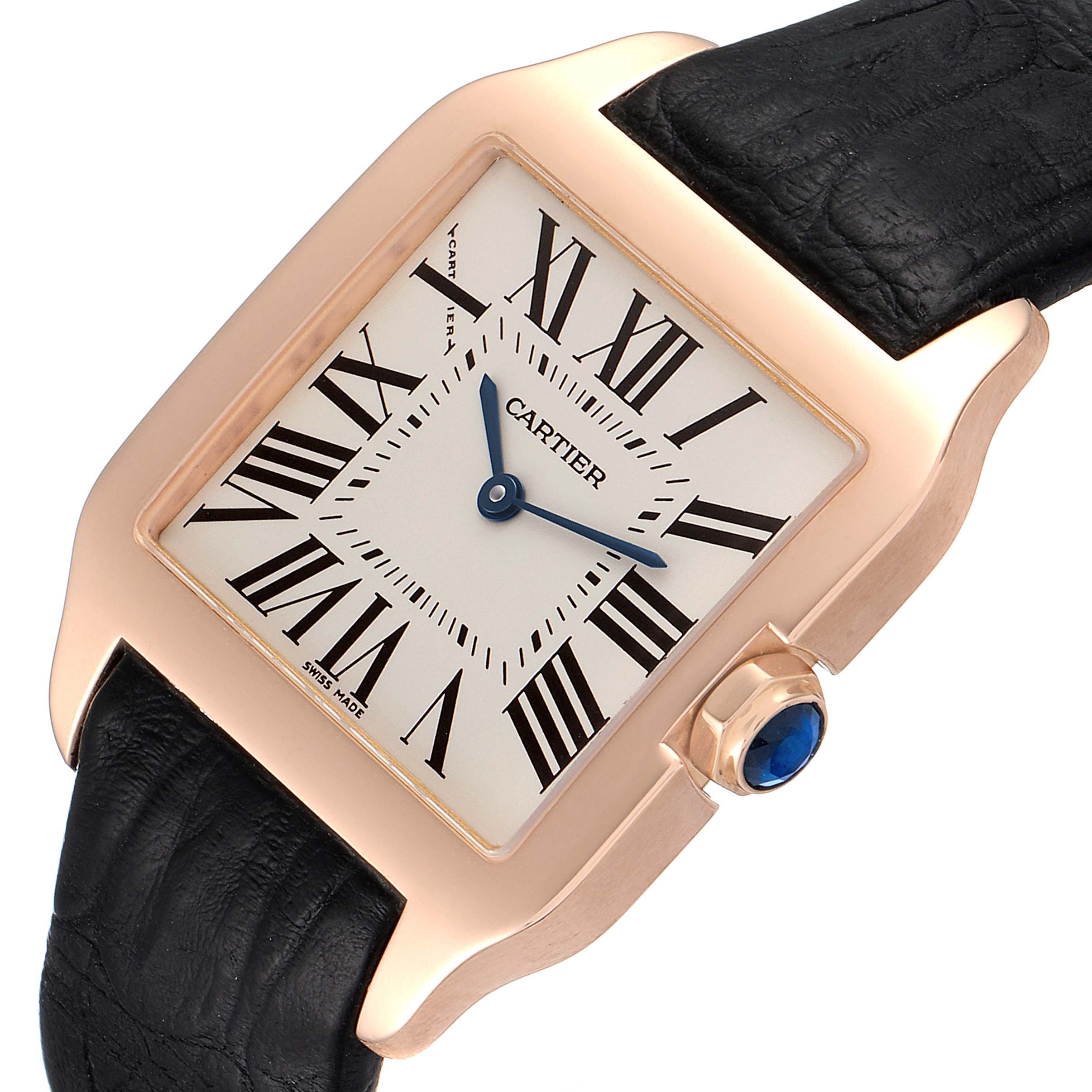 This image shows the Cartier Santos Dumont W2009251 Men's Rose Gold Silver Dial W2009251 Men's Rose Gold Silver Dial model watch from a top angle, highlighting its dial, case, and part of the strap.