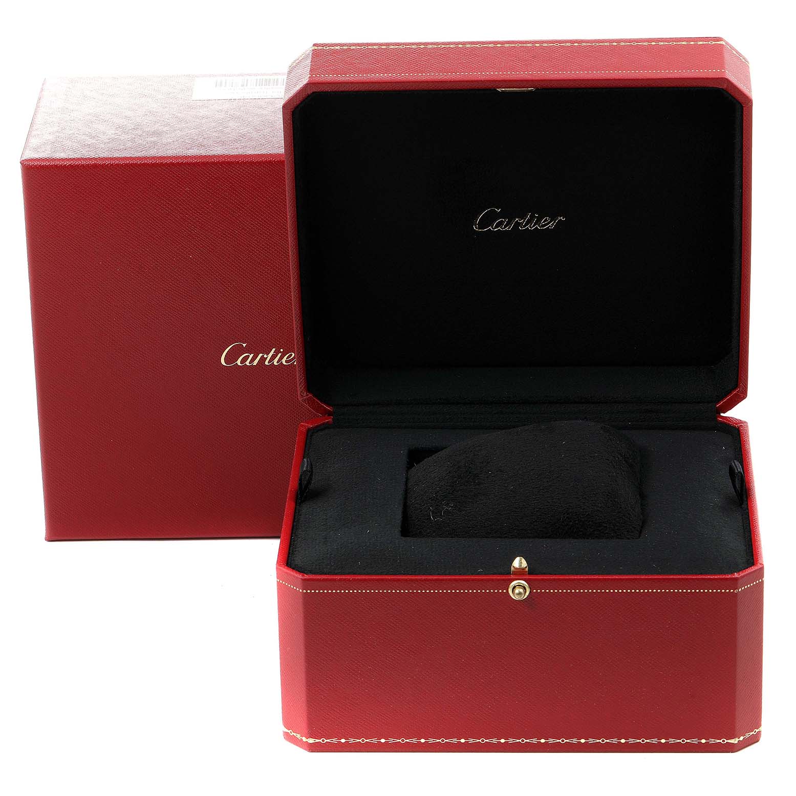 The image shows an open red Cartier watch box for the Santos Dumont model, revealing a black interior cushion.