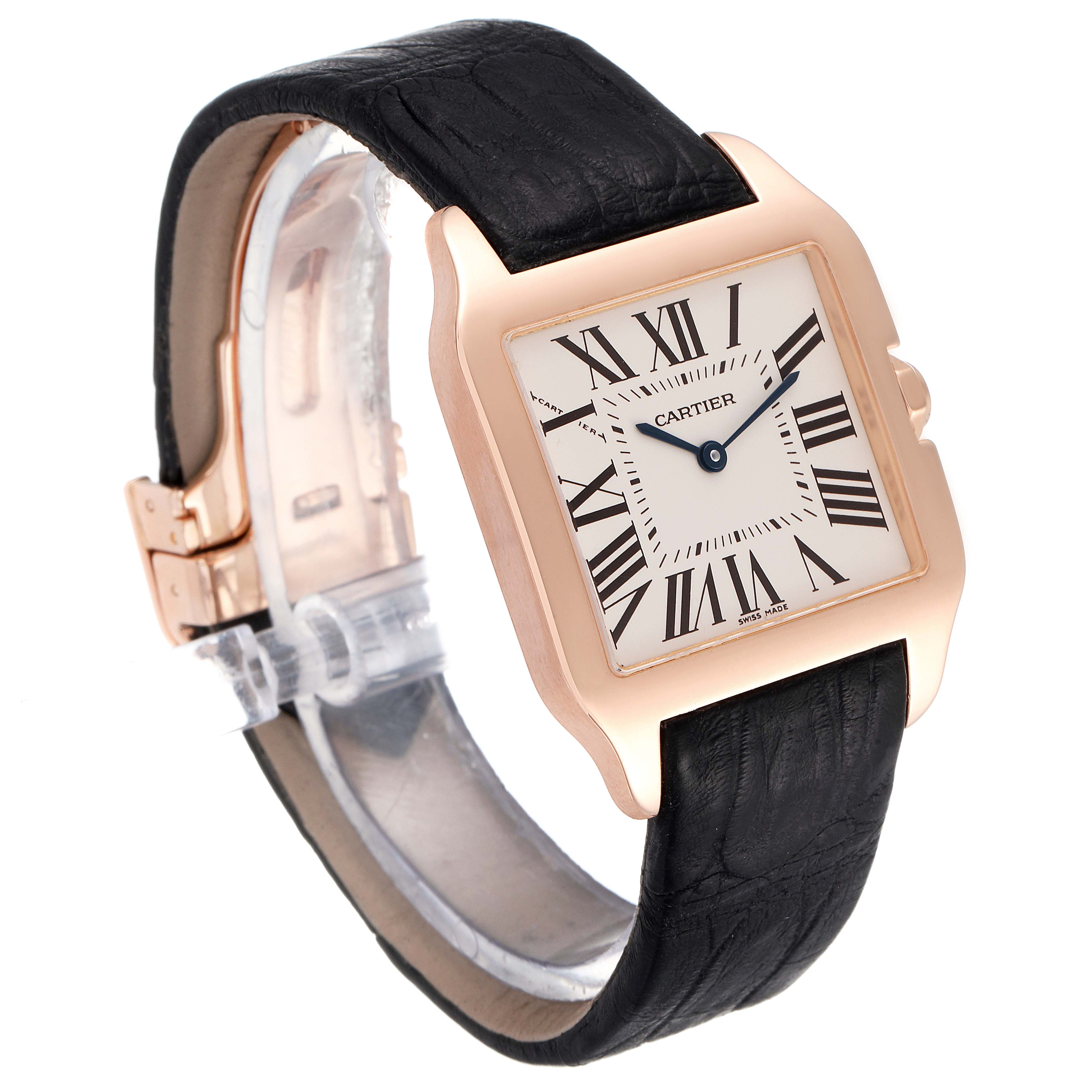 The Cartier Santos Dumont W2009251 Men's Rose Gold Silver Dial W2009251 Men's Rose Gold Silver Dial watch is shown from a slight angle, highlighting its face, strap, and folding clasp.
