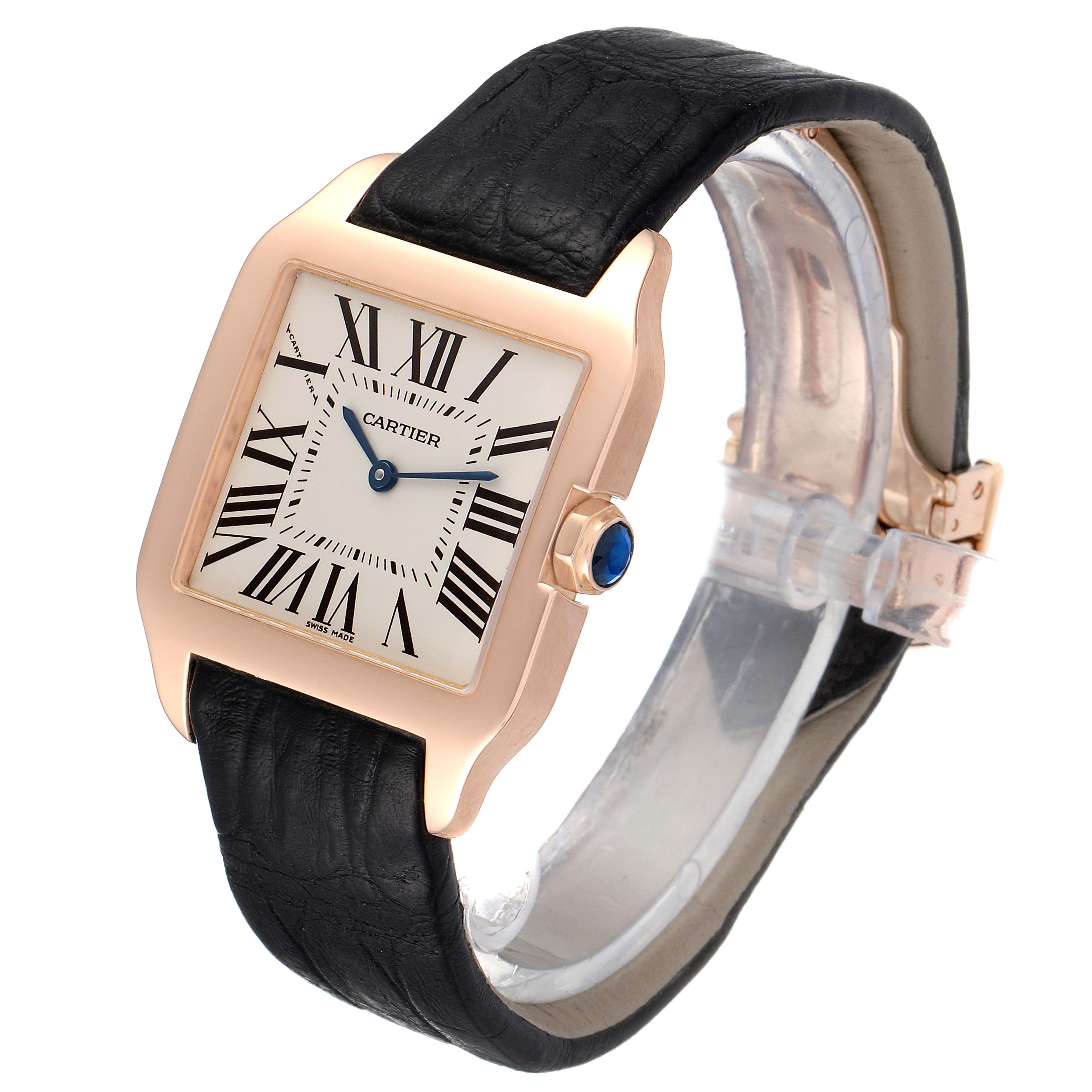 The image shows a Cartier Santos Dumont W2009251 Men's Rose Gold Silver Dial W2009251 Men's Rose Gold Silver Dial watch at an angle highlighting its face, crown, and strap.