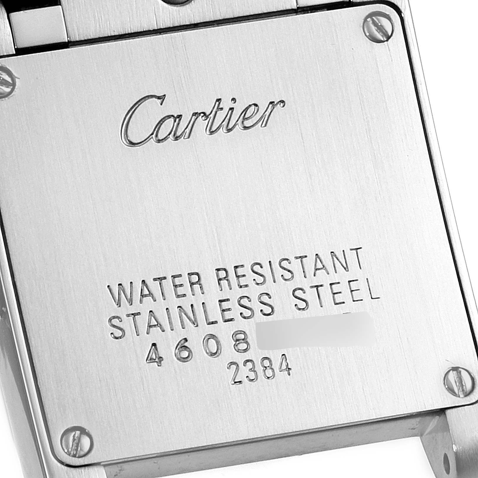 This image shows the back case of the Cartier Tank Francaise W51008Q3 Women's Stainless Steel Silver Dial W51008Q3 Women's Stainless Steel Silver Dial watch, displaying the brand name and watch specifications.