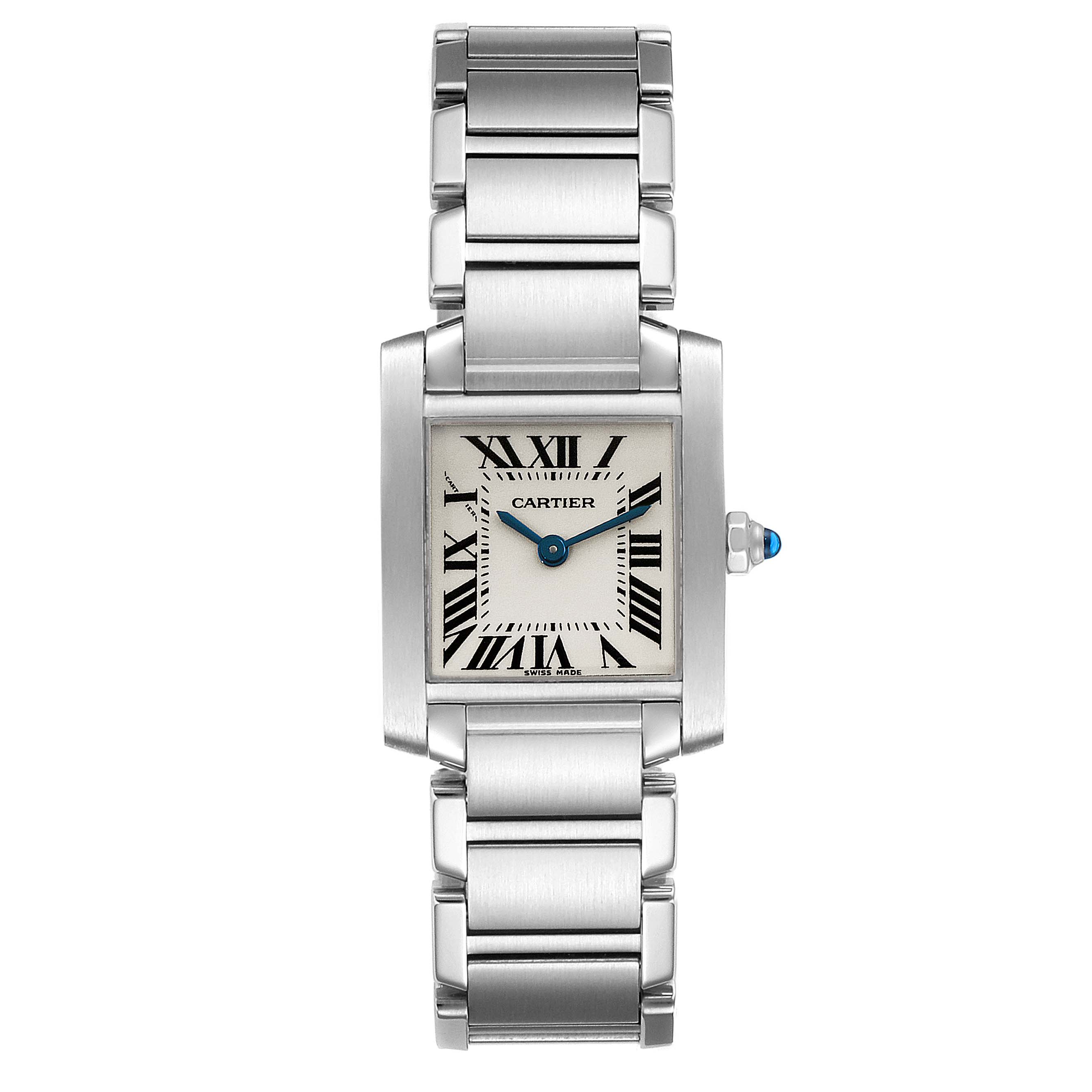 This image shows a front view of the Cartier Tank Francaise W51008Q3 Women's Stainless Steel Silver Dial W51008Q3 Women's Stainless Steel Silver Dial watch, displaying the face, bracelet, and crown.