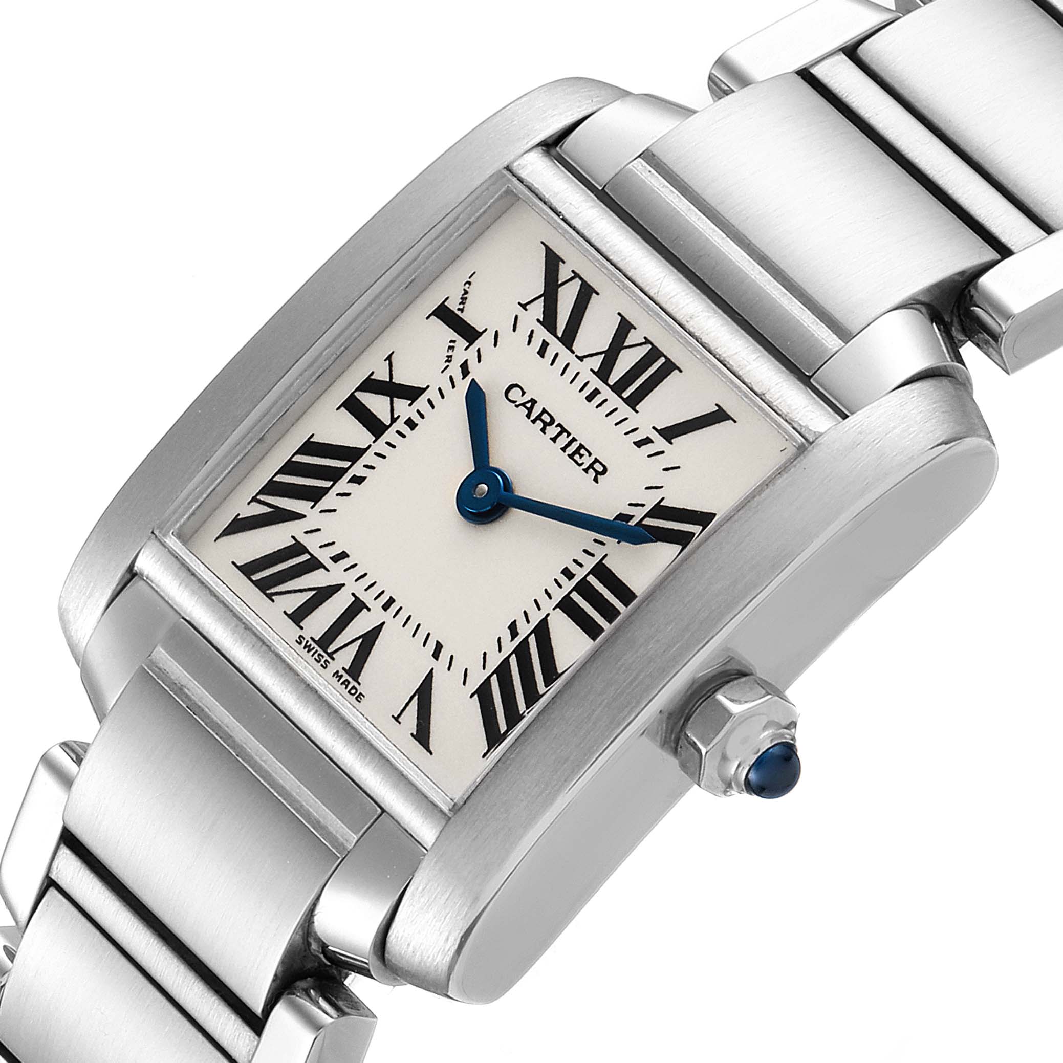 This image shows a close-up angle of the Cartier Tank Francaise W51008Q3 Women's Stainless Steel Silver Dial W51008Q3 Women's Stainless Steel Silver Dial watch, highlighting its face, roman numerals, blue hands, metal bracelet, and crown.