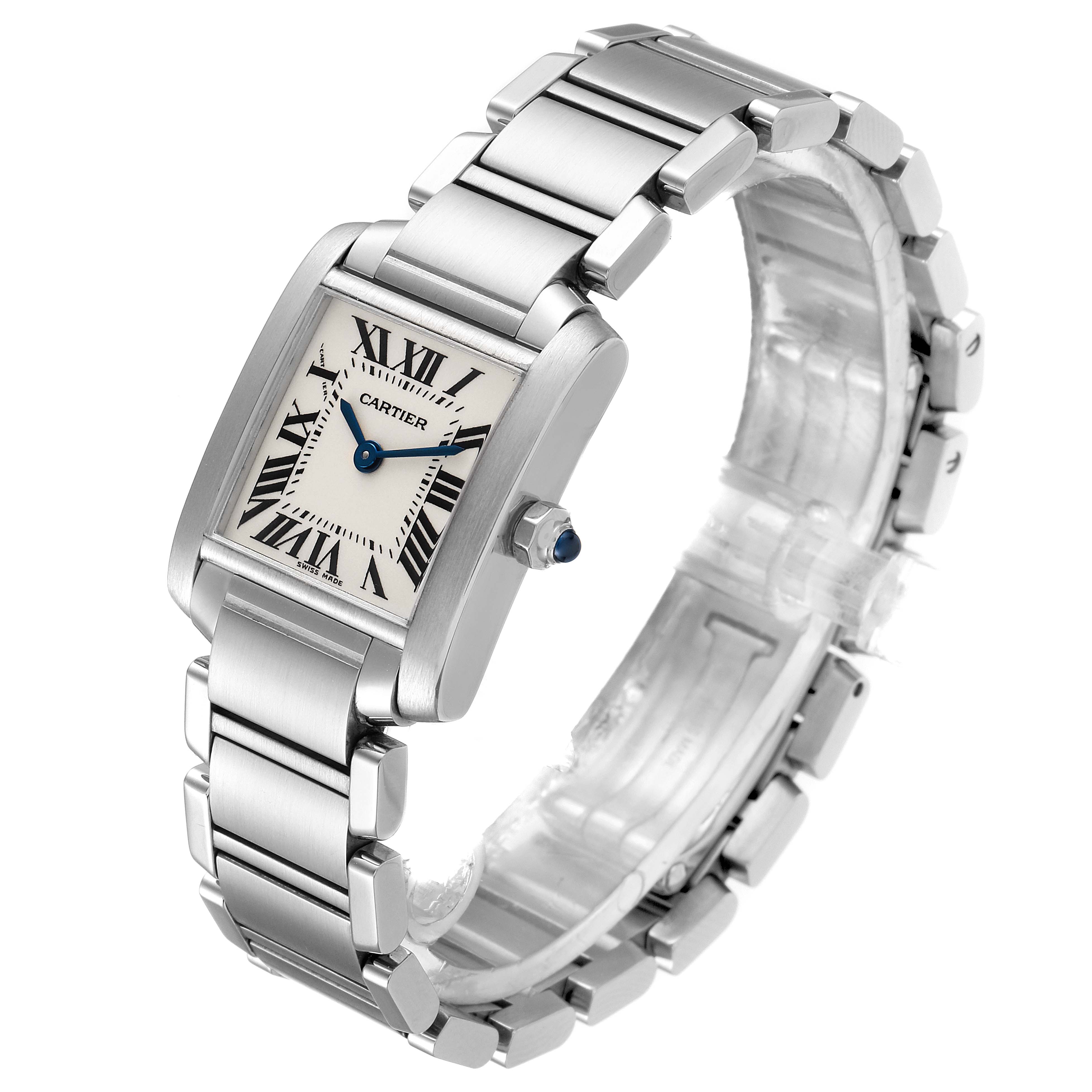 The Cartier Tank Française watch is shown at an oblique angle, displaying the face, crown, and bracelet.