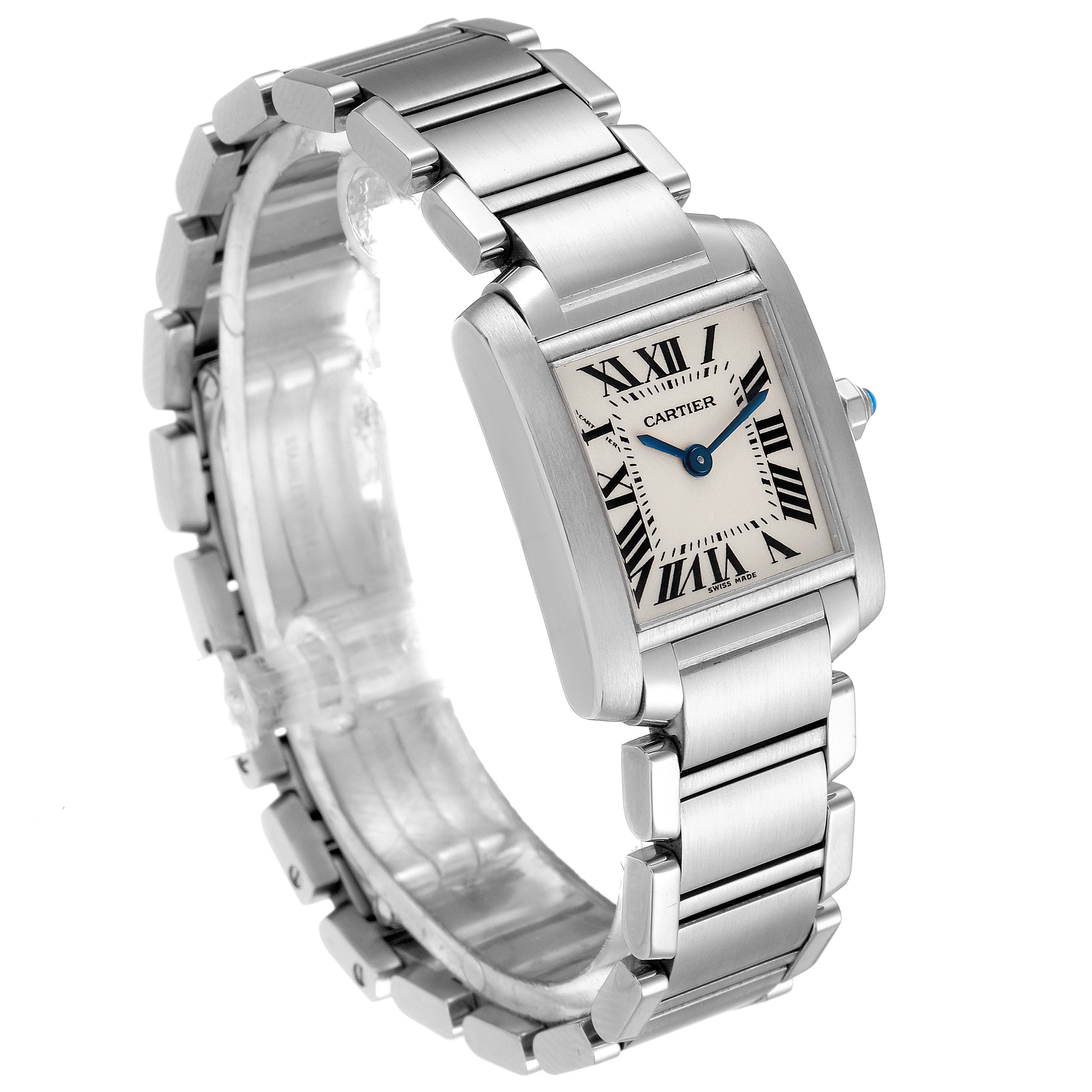 The image shows a Cartier Tank Française watch at a three-quarter angle, displaying the face and bracelet.