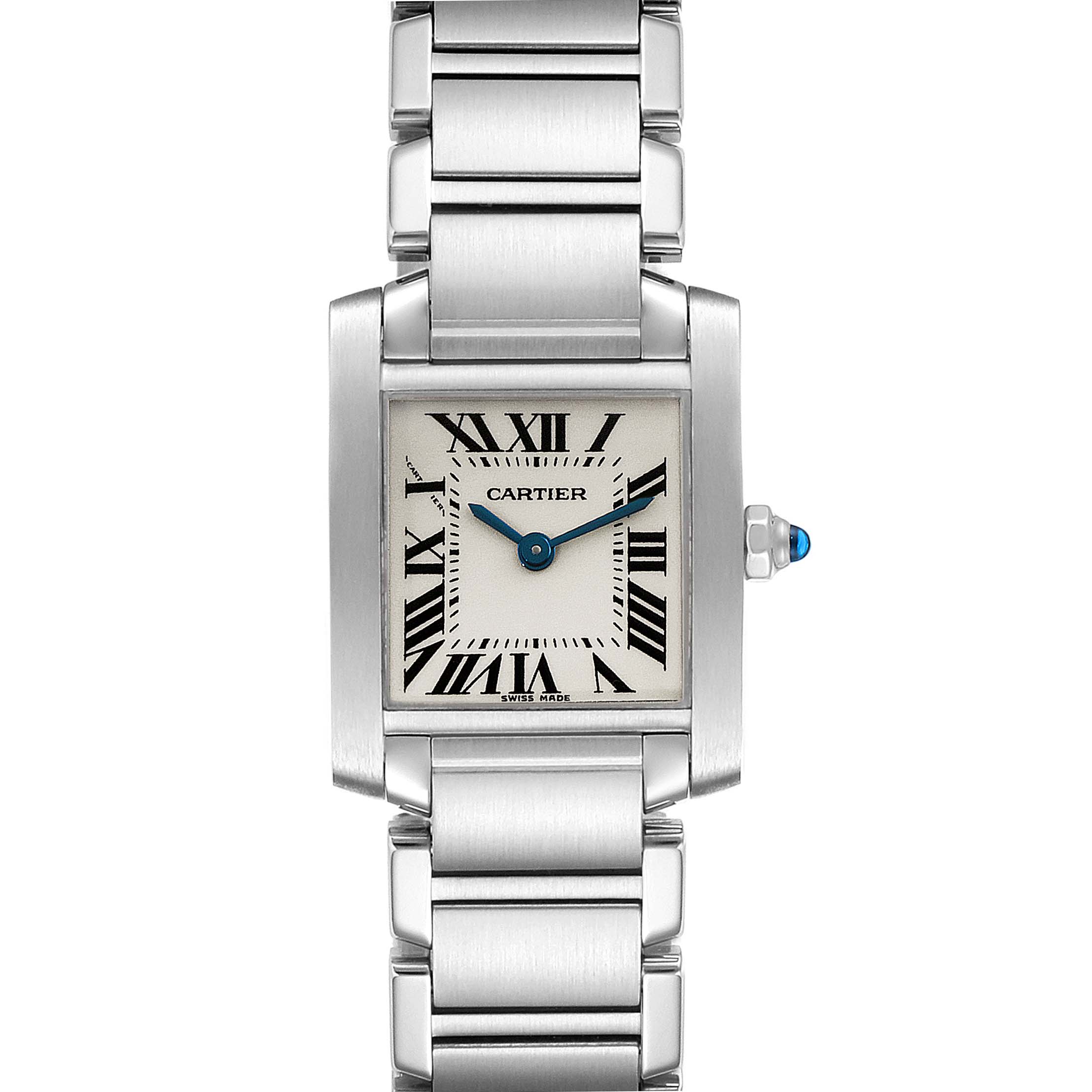 The Cartier Tank Francaise W51008Q3 Women's Stainless Steel Silver Dial W51008Q3 Women's Stainless Steel Silver Dial watch is shown from a front angle, displaying its rectangular dial and metal bracelet.