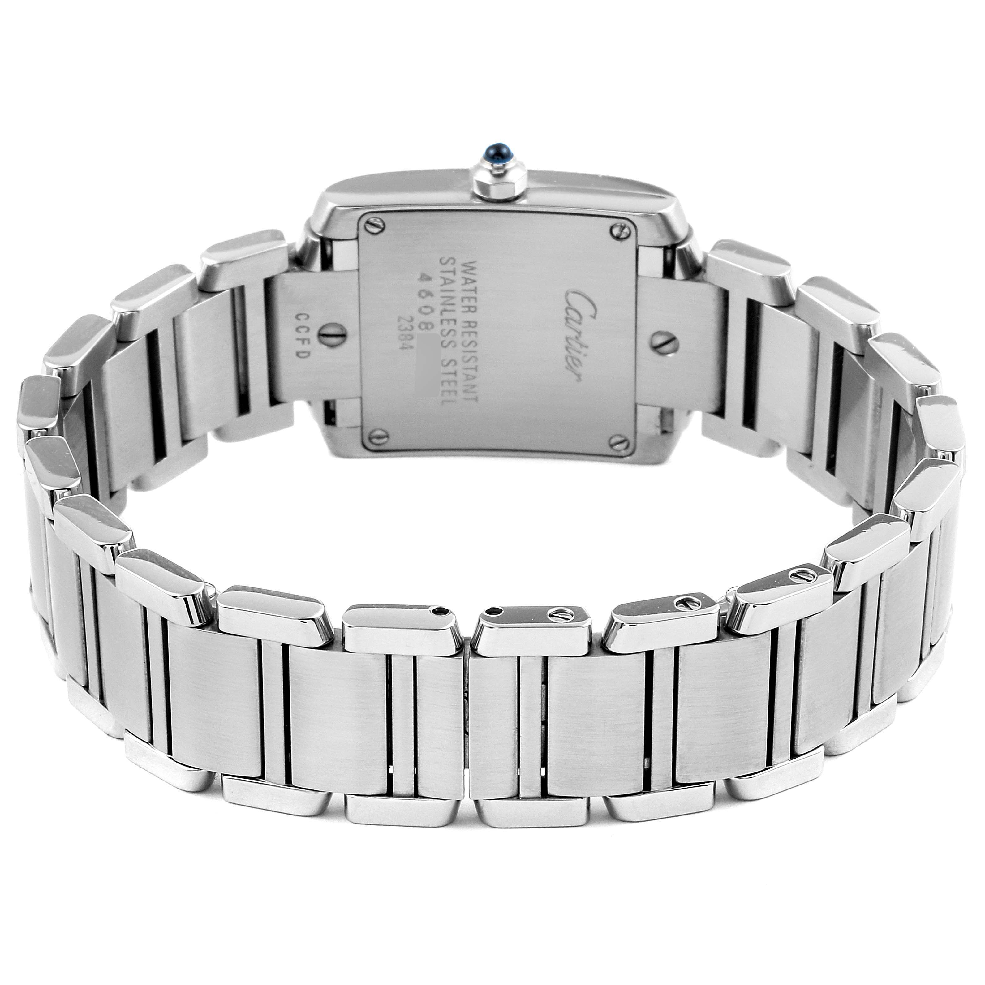 This image shows the stainless steel bracelet and the back of the Cartier Tank Francaise W51008Q3 Women's Stainless Steel Silver Dial W51008Q3 Women's Stainless Steel Silver Dial watch.