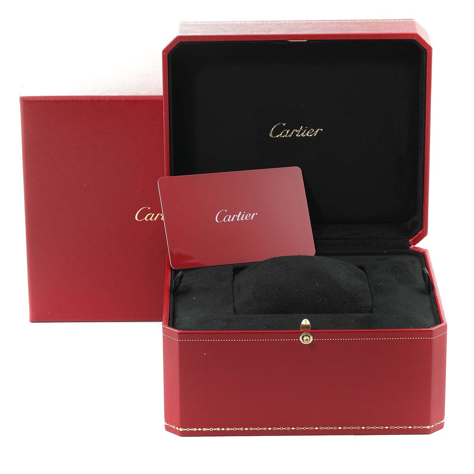 The image shows an open Cartier box and a card for the Tank Solo model by Cartier, viewed from the front.
