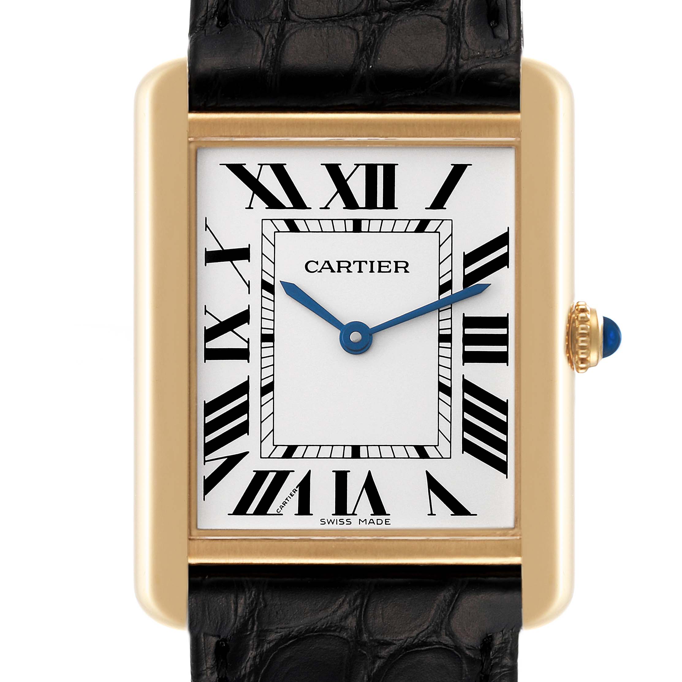 The image shows a front view of the Cartier Tank Solo W5200004 Men
s Yellow Gold Silver Dial W5200004 Men
s Yellow Gold Silver Dial watch face and part of the leather strap.