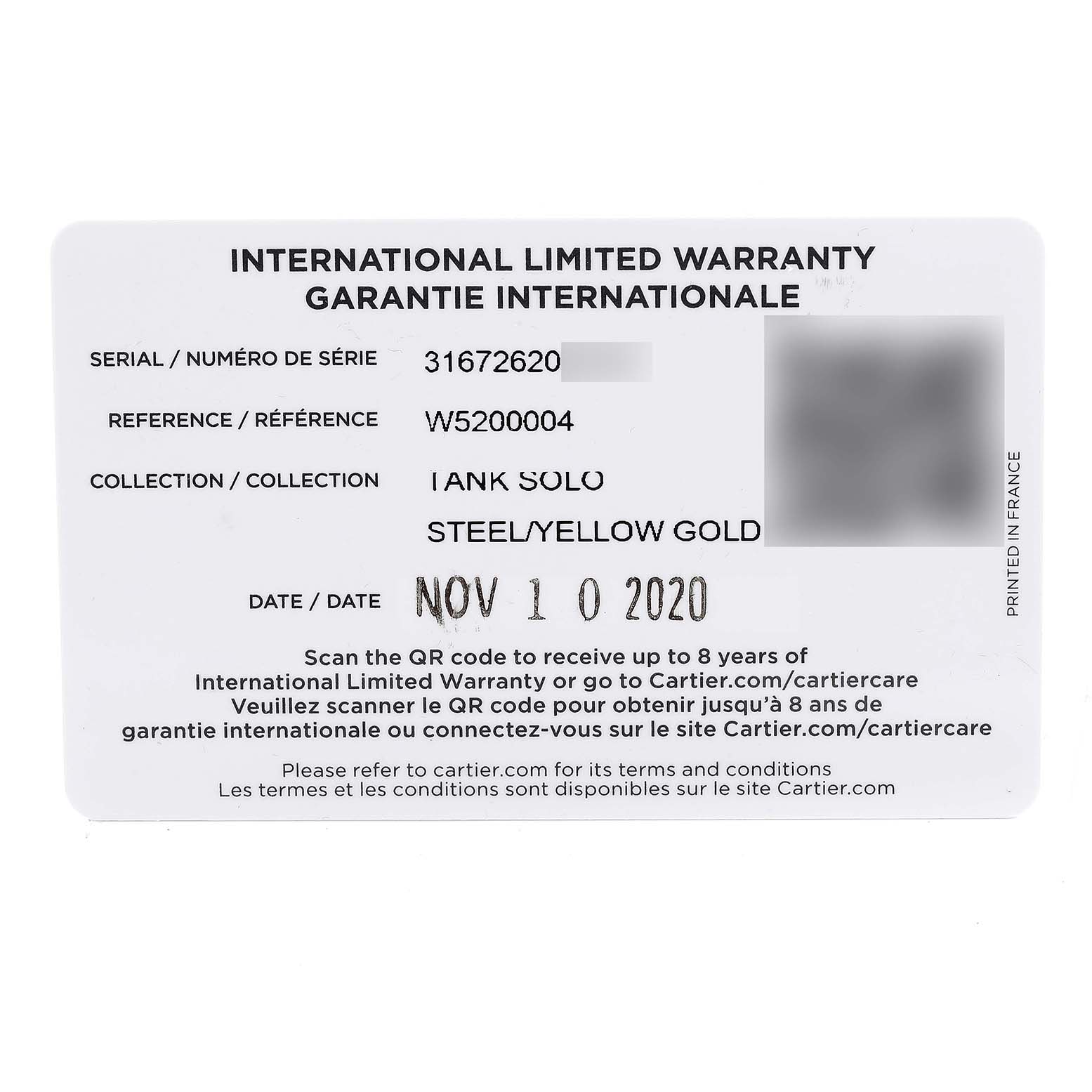This is an International Limited Warranty card for a Cartier Tank Solo W5200004 Men
s Yellow Gold Silver Dial W5200004 Men
s Yellow Gold Silver Dial model watch.