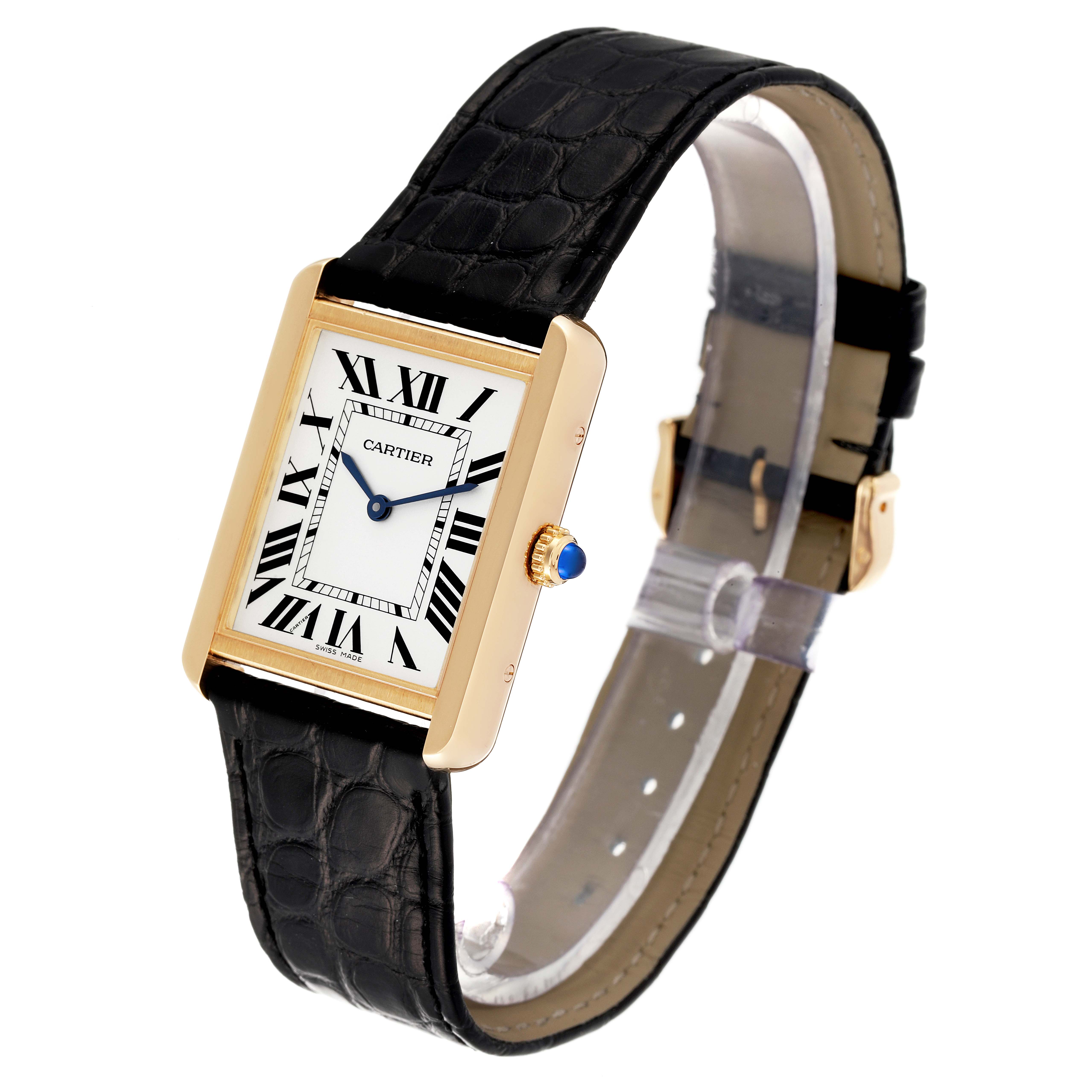 The Cartier Tank Solo W5200004 Men
s Yellow Gold Silver Dial W5200004 Men
s Yellow Gold Silver Dial watch is shown at an angle, displaying its face, leather strap, crown with a blue gem, and gold casing.