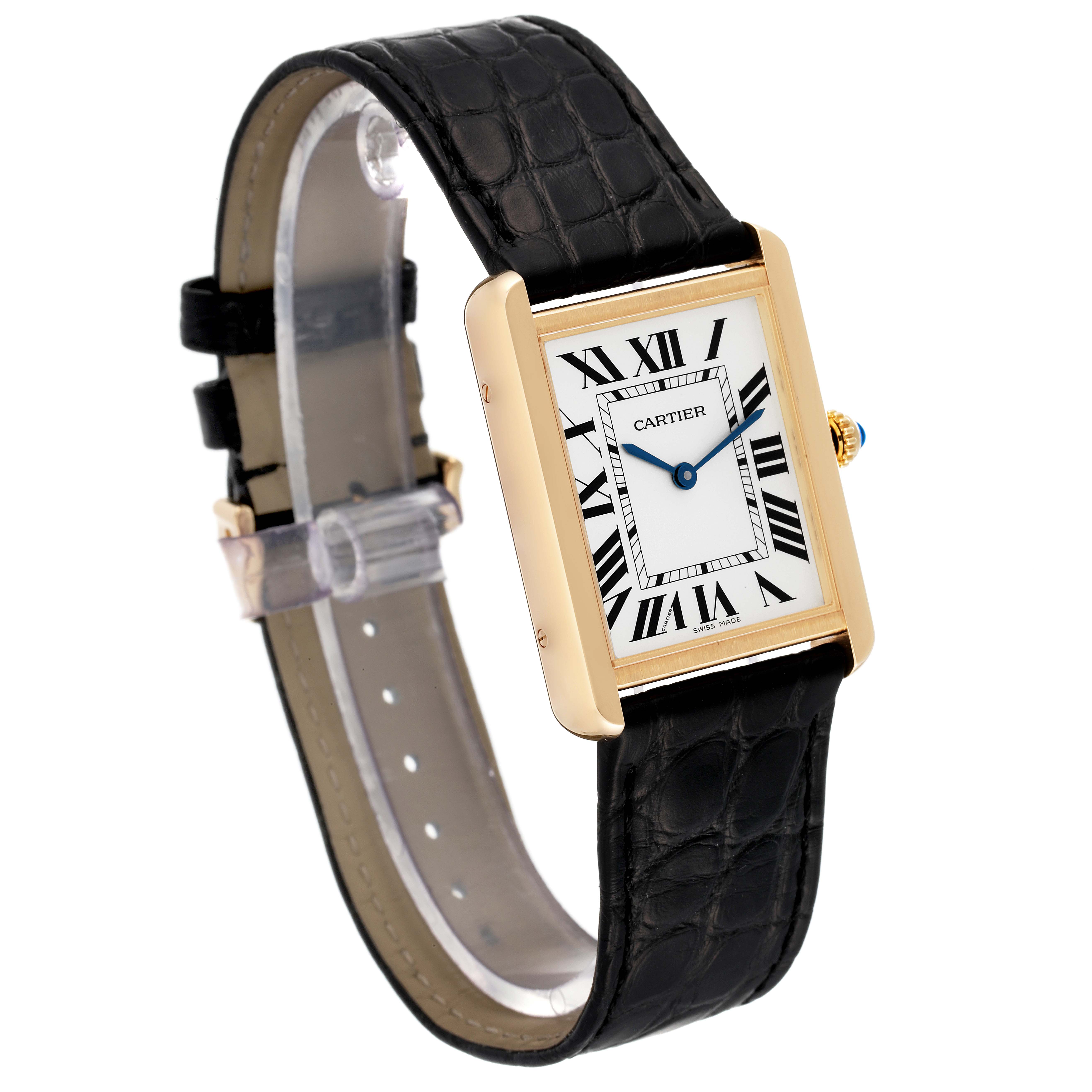 The image shows a Cartier Tank Solo W5200004 Men
s Yellow Gold Silver Dial W5200004 Men
s Yellow Gold Silver Dial watch from a front angle, displaying the face, strap, and crown.