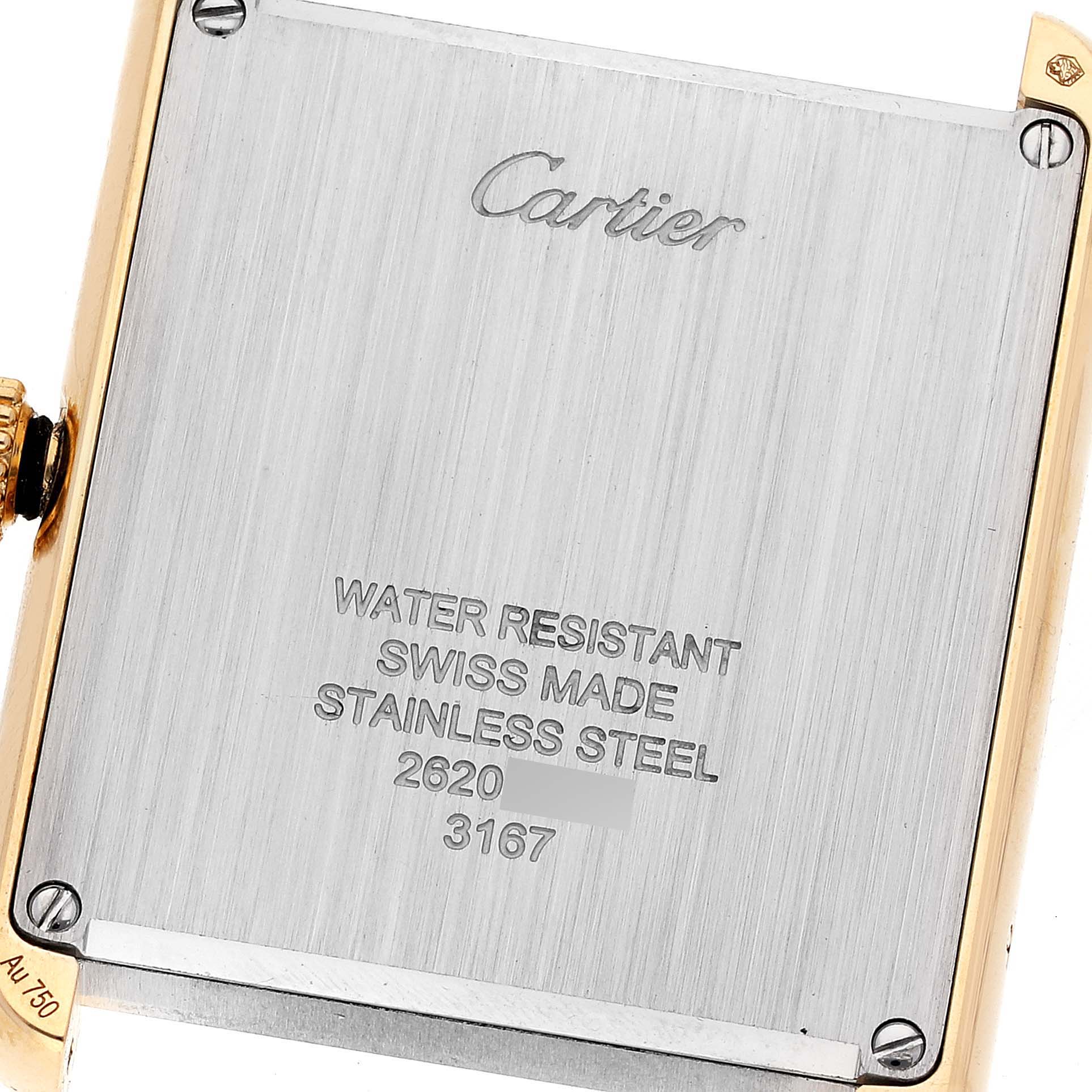 The image shows the back case of a Cartier Tank Solo W5200004 Men
s Yellow Gold Silver Dial W5200004 Men
s Yellow Gold Silver Dial watch, highlighting the brand, model, and material details.