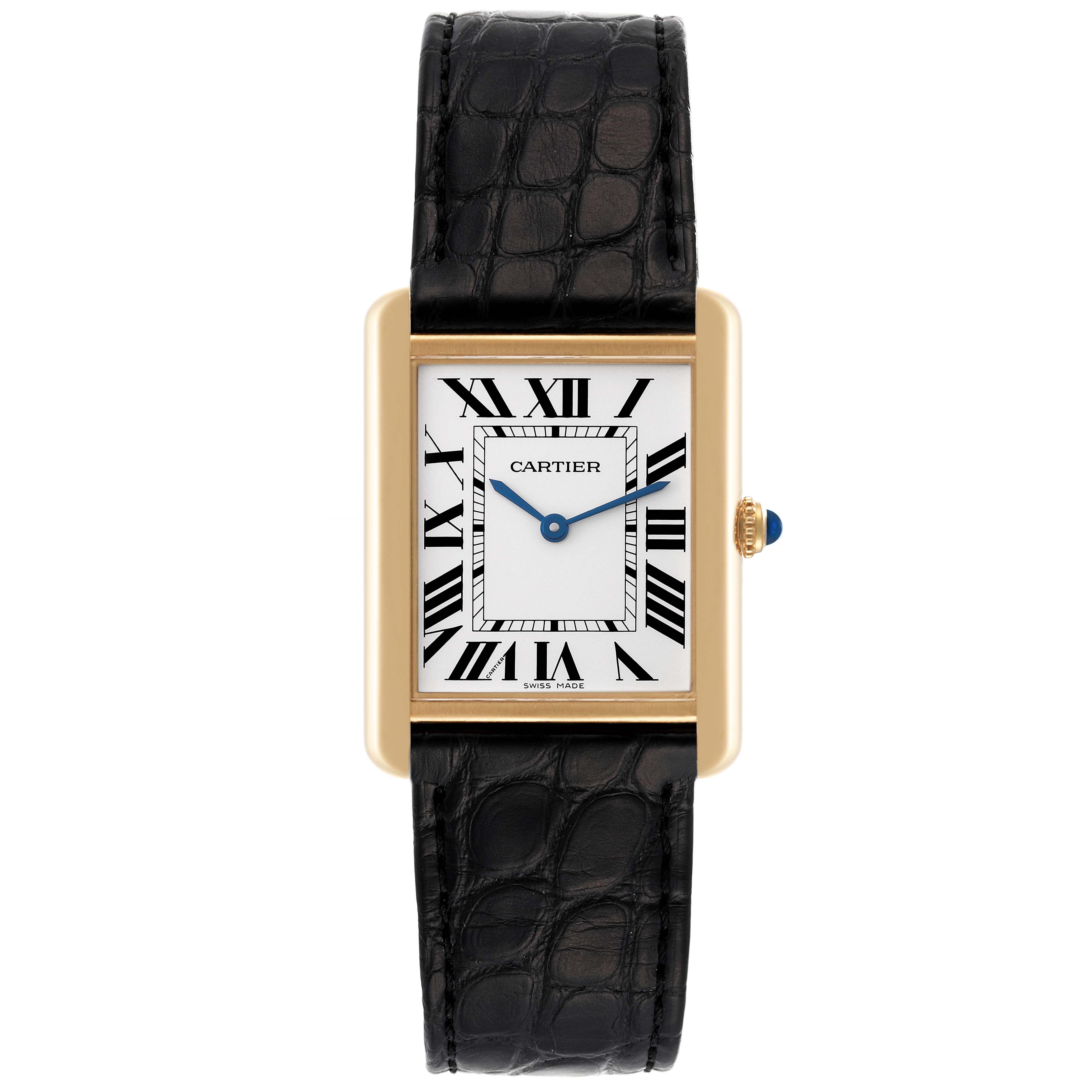 The Cartier Tank Solo W5200004 Men
s Yellow Gold Silver Dial W5200004 Men
s Yellow Gold Silver Dial watch is shown from the front, featuring a rectangular gold case, Roman numeral dial, and black leather strap.