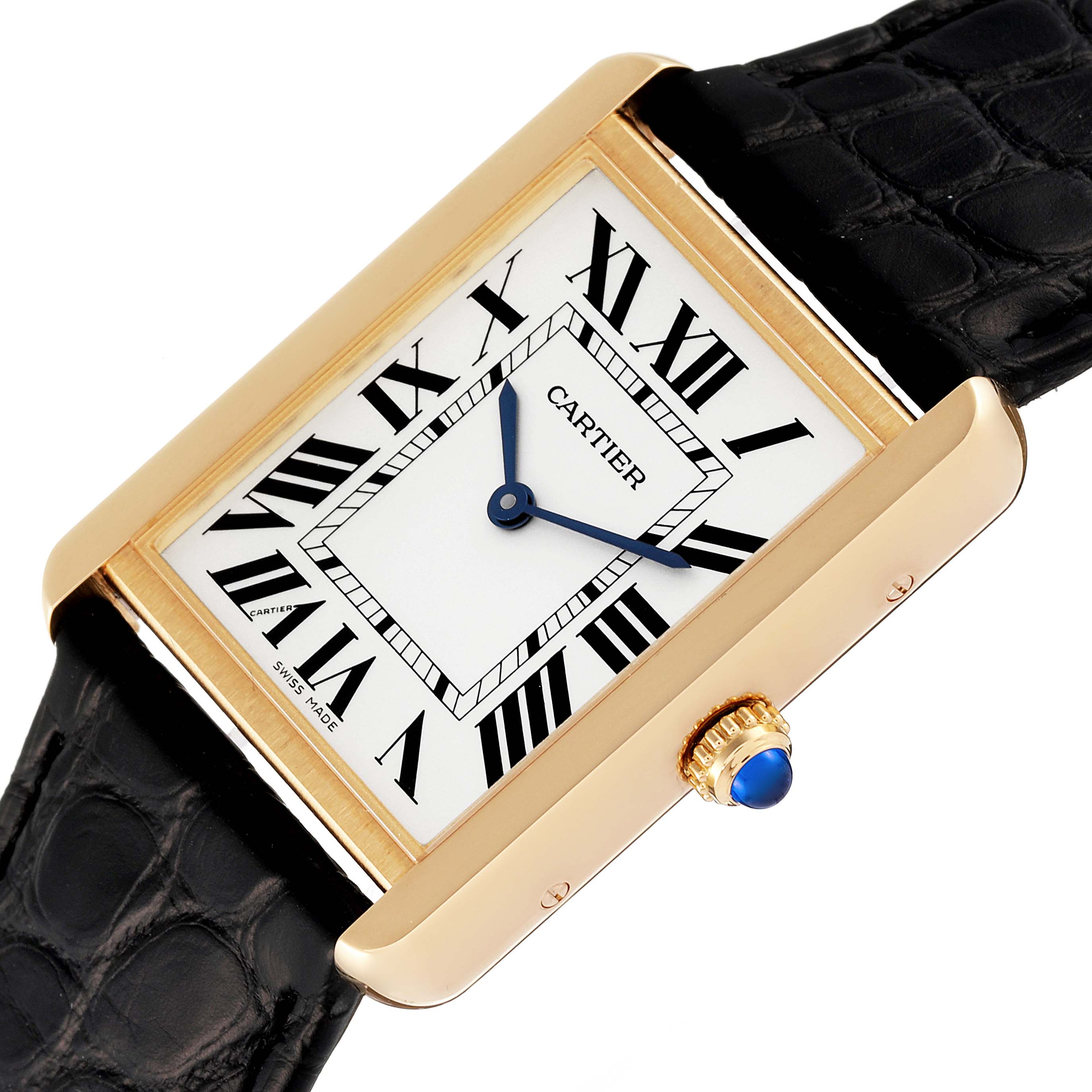 The Cartier Tank Solo W5200004 Men
s Yellow Gold Silver Dial W5200004 Men
s Yellow Gold Silver Dial watch is shown at an angled top view, displaying its rectangular dial, Roman numerals, and black leather strap.