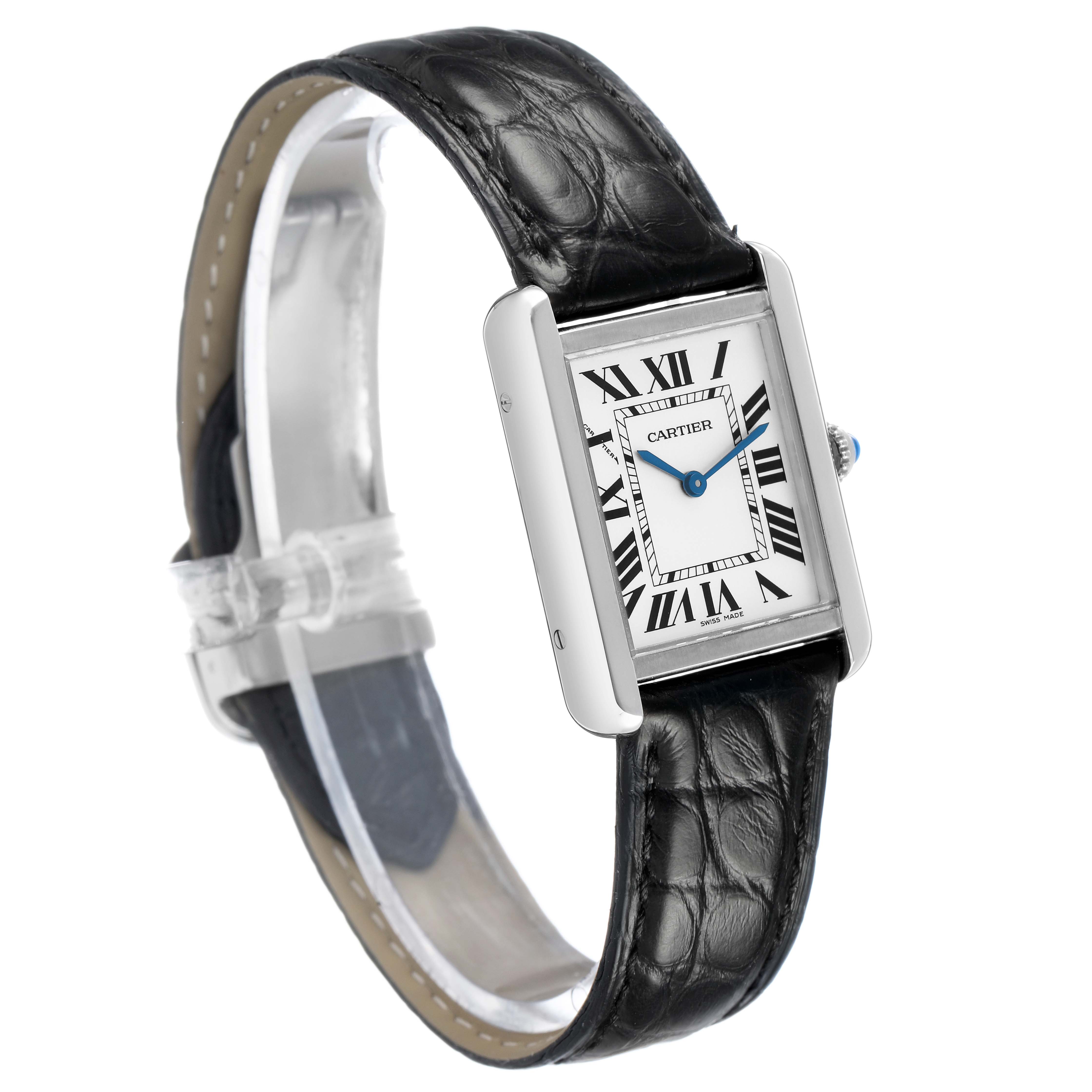 The Cartier Tank Solo W5200005 Women's Stainless Steel Silver Dial watch is shown at a three-quarter angle, displaying its face, leather strap, and side crown.