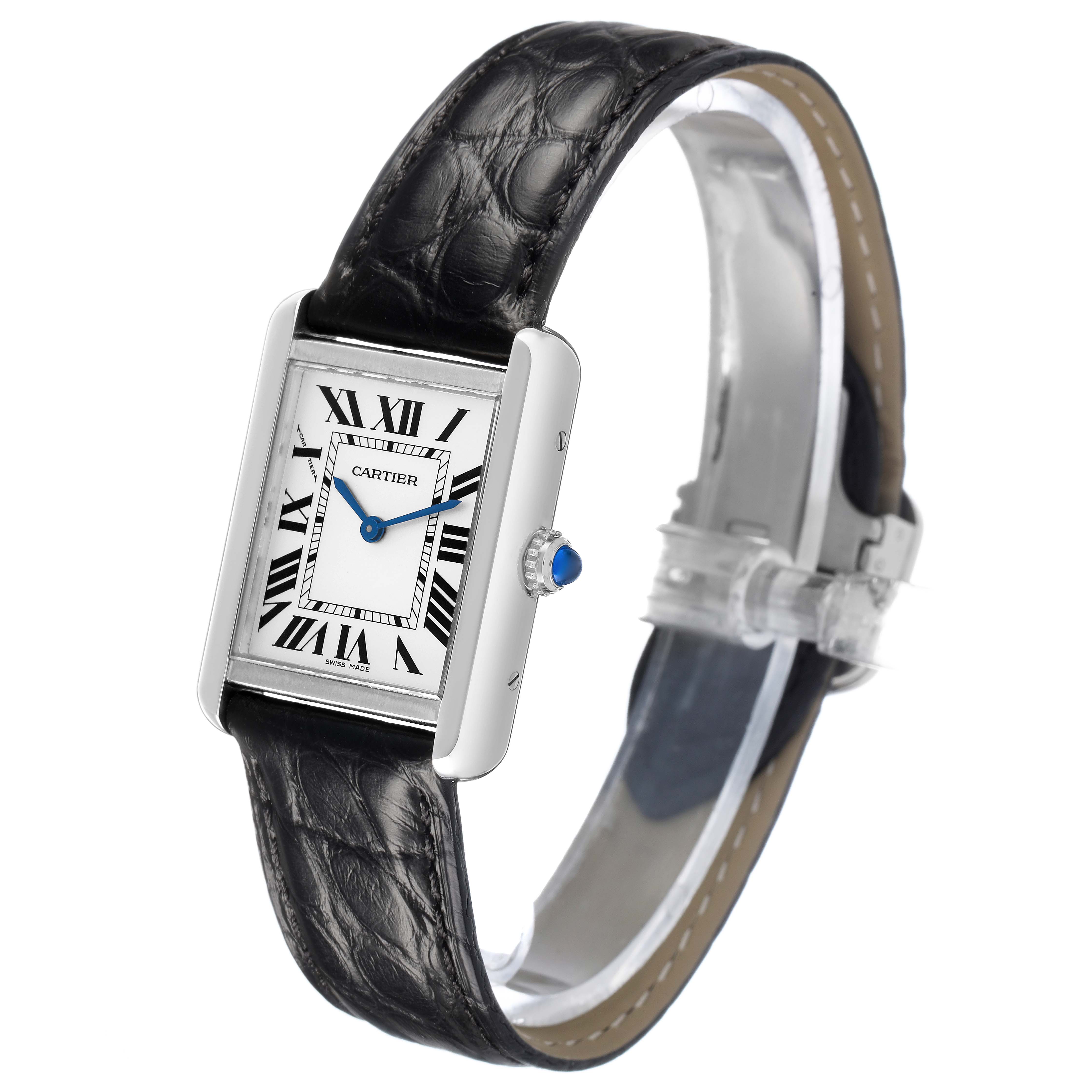 The Cartier Tank Solo W5200005 Women's Stainless Steel Silver Dial watch is shown at a slight angle, highlighting its face, leather strap, and crown with a blue cabochon.