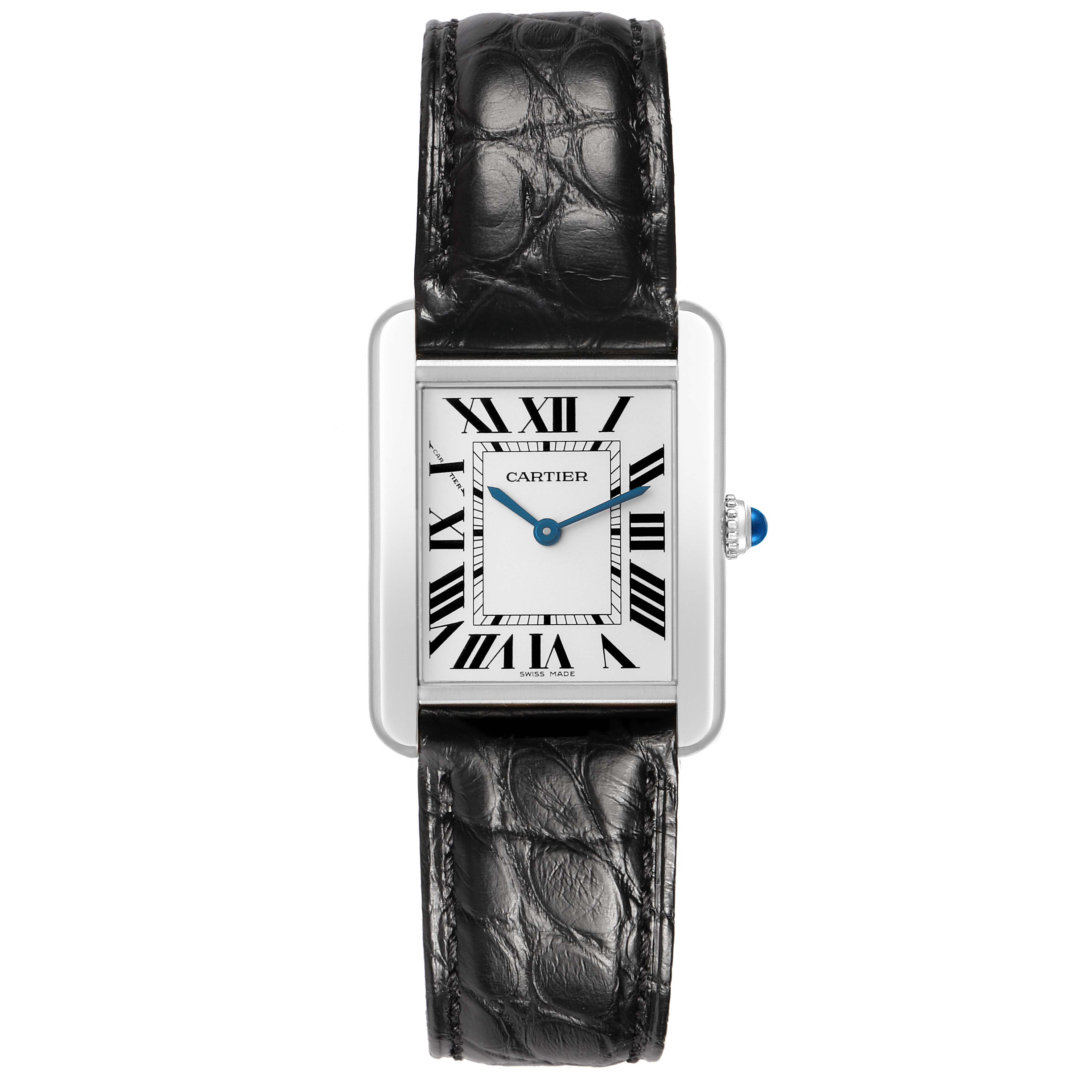 The Cartier Tank Solo W5200005 Women's Stainless Steel Silver Dial watch is shown from the front, highlighting its rectangular face, Roman numerals, and leather strap.