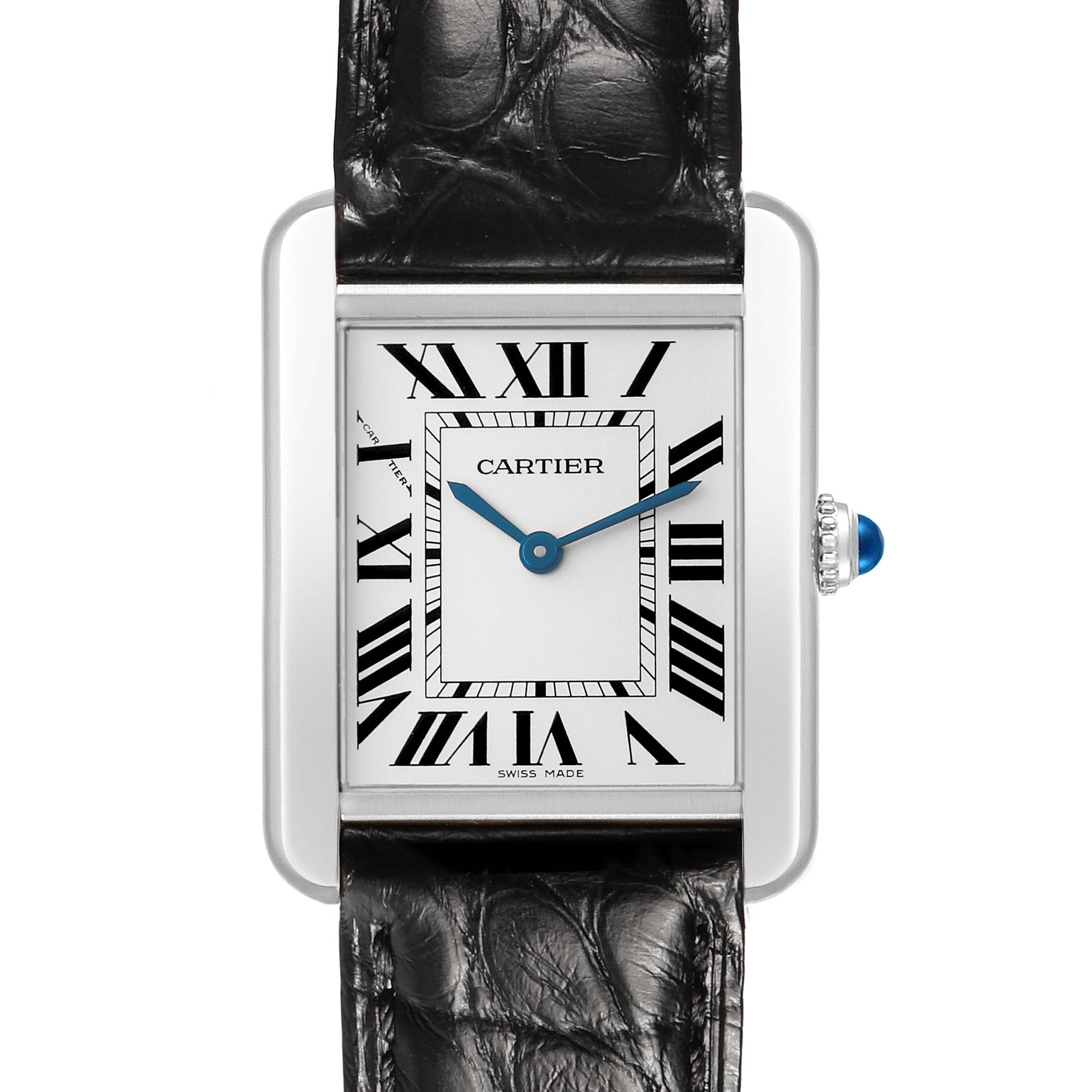 The Cartier Tank Solo W5200005 Women's Stainless Steel Silver Dial watch is shown from a front view, highlighting the dial, Roman numerals, and leather strap.