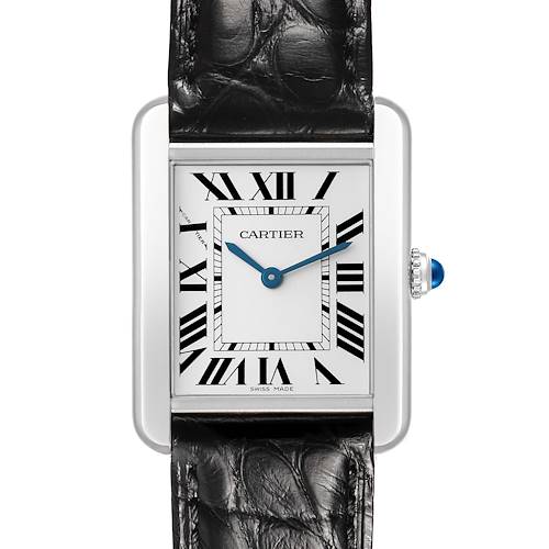 The Cartier Tank Solo W5200005 Women's Stainless Steel Silver Dial watch is shown from the front, featuring a rectangular case, Roman numerals, and a leather strap.