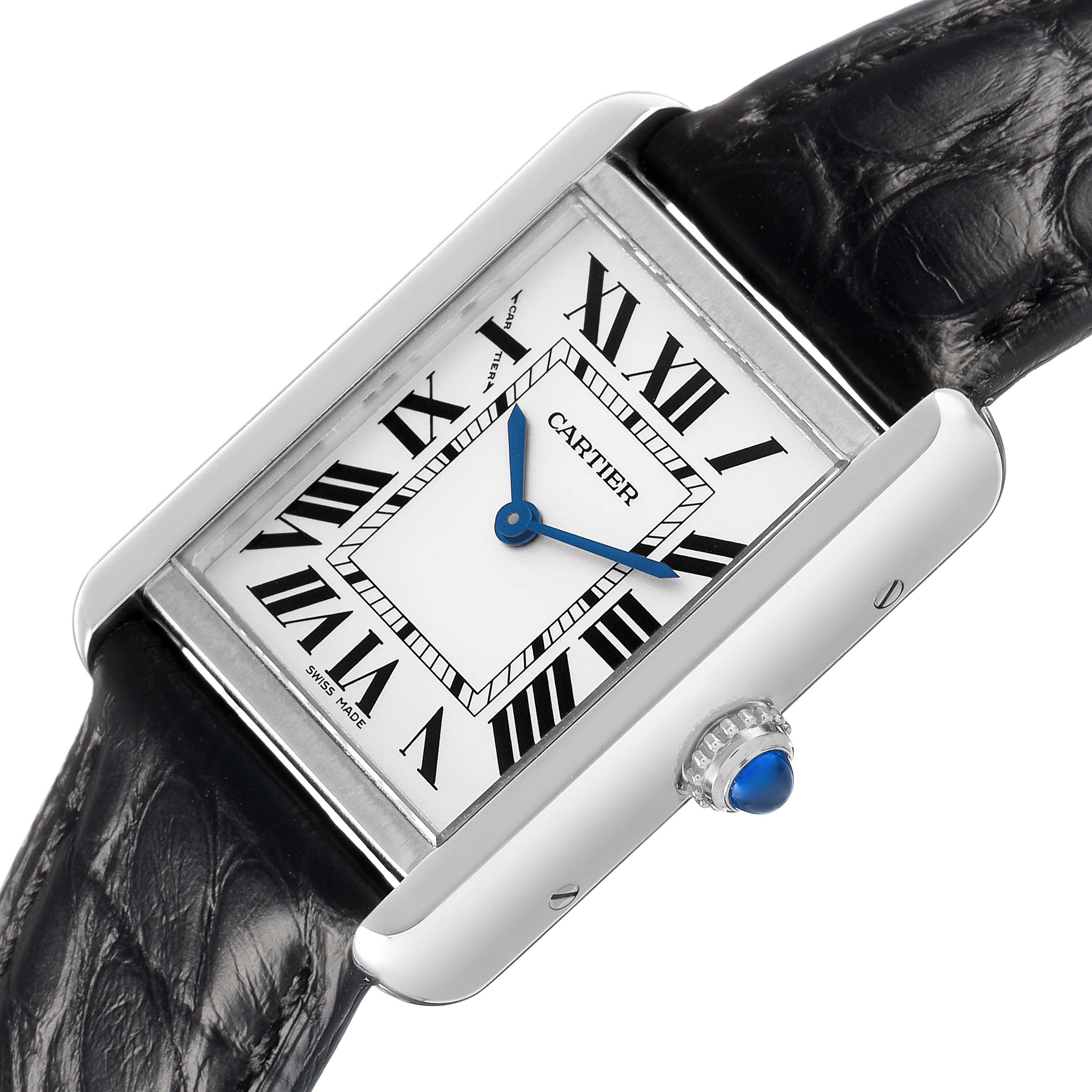 The Cartier Tank Solo W5200005 Women's Stainless Steel Silver Dial watch is shown at an angled close-up, highlighting the dial, crown, and leather strap.
