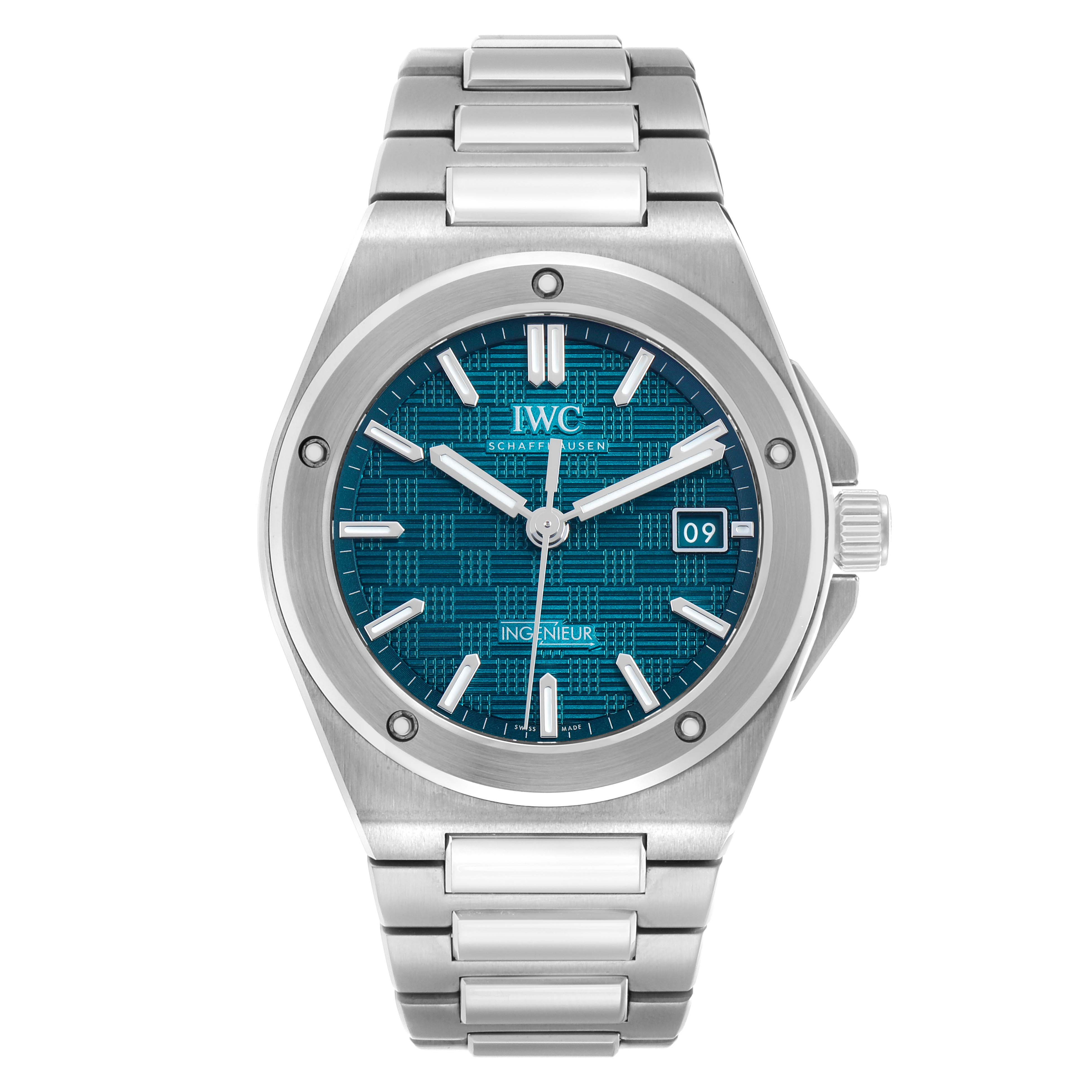 The IWC Ingenieur IW328903 Men's Stainless Steel Green Dial watch is shown from a front angle, highlighting the blue dial, bezel, case, and bracelet.