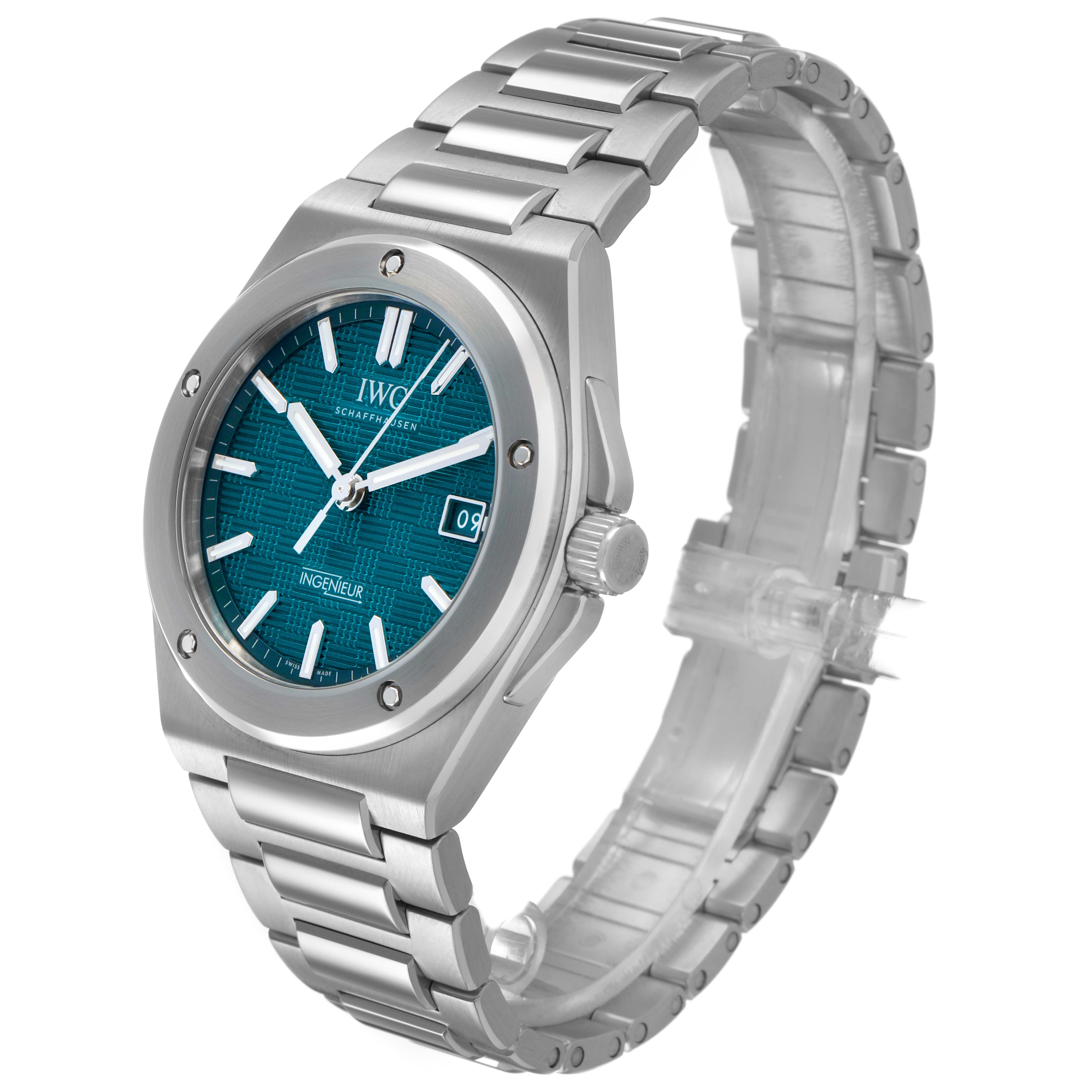 The IWC Ingenieur IW328903 Men's Stainless Steel Green Dial watch is shown from a three-quarter angle, displaying the face, bracelet, and crown.