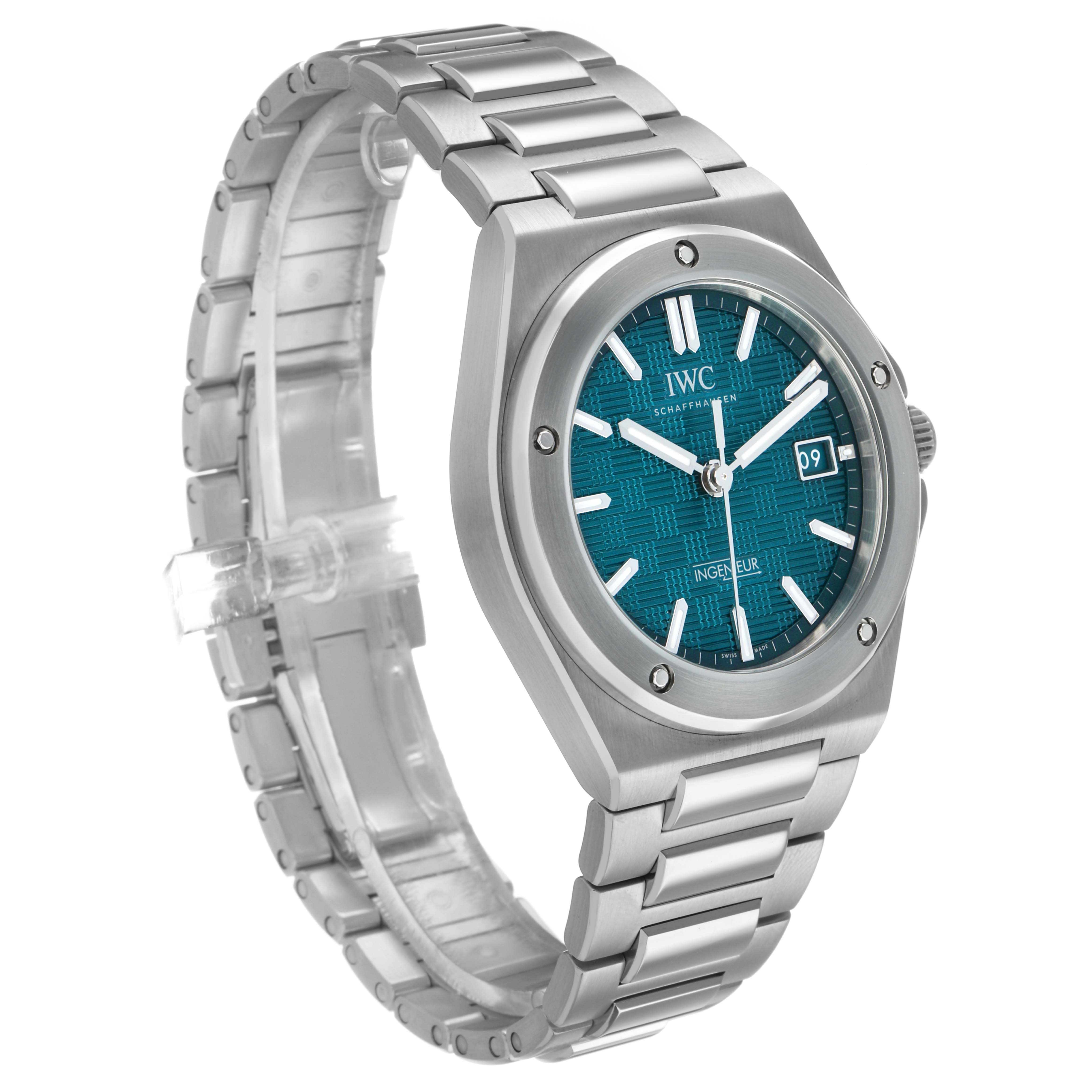 The IWC Ingenieur IW328903 Men's Stainless Steel Green Dial watch is shown at a three-quarter angle, highlighting its teal dial and metal bracelet.