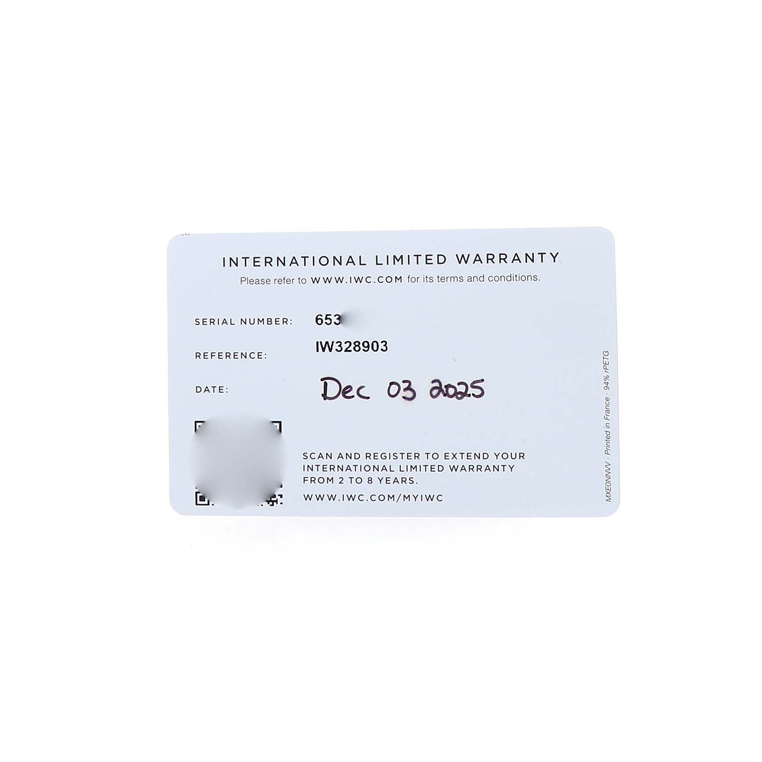 The image shows an International Limited Warranty card for an IWC Ingenieur IW328903 Men's Stainless Steel Green Dial watch, displaying serial and reference numbers, and date.