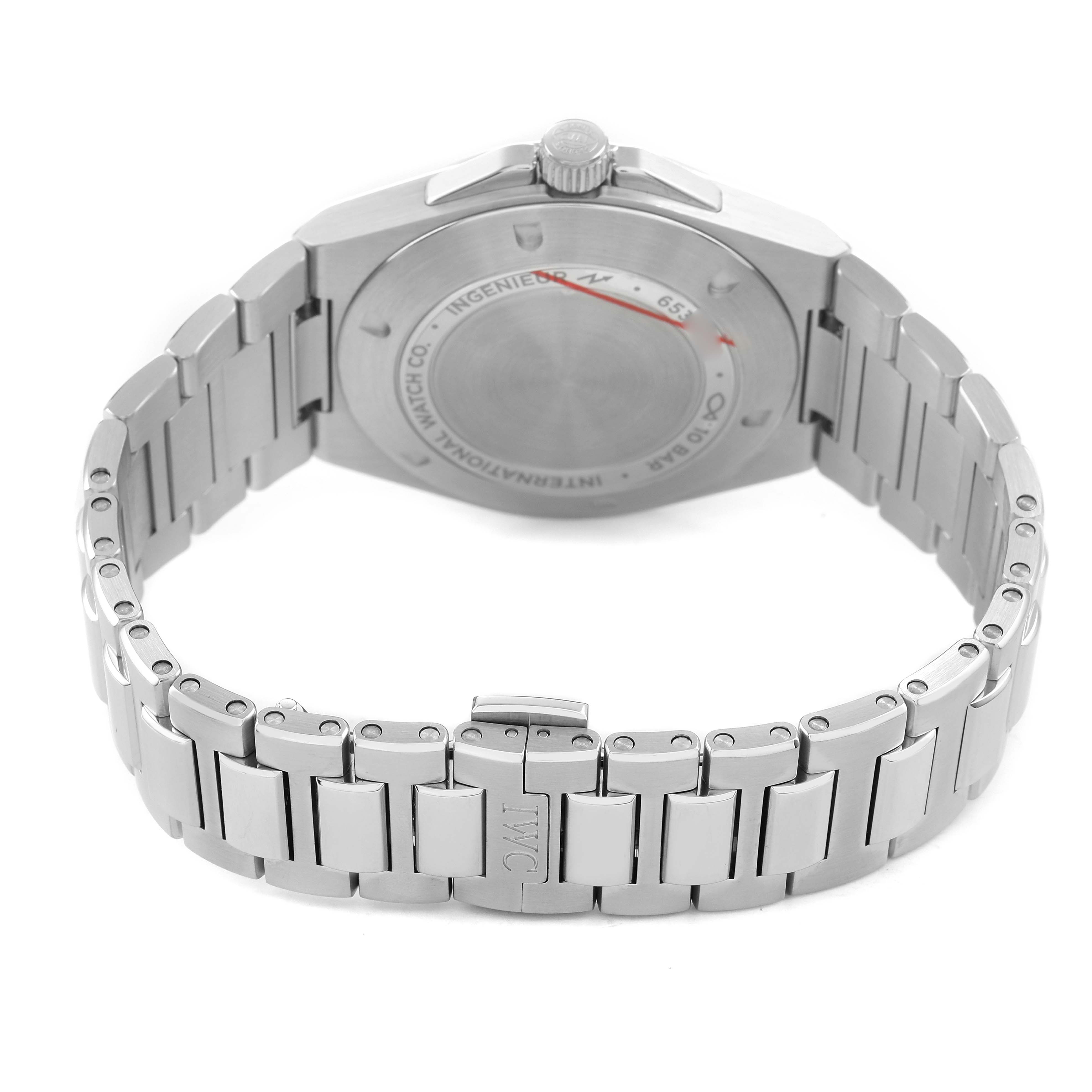 The image shows the back and bracelet of the IWC Ingenieur IW328903 Men's Stainless Steel Green Dial watch, highlighting its clasp and rear casing.