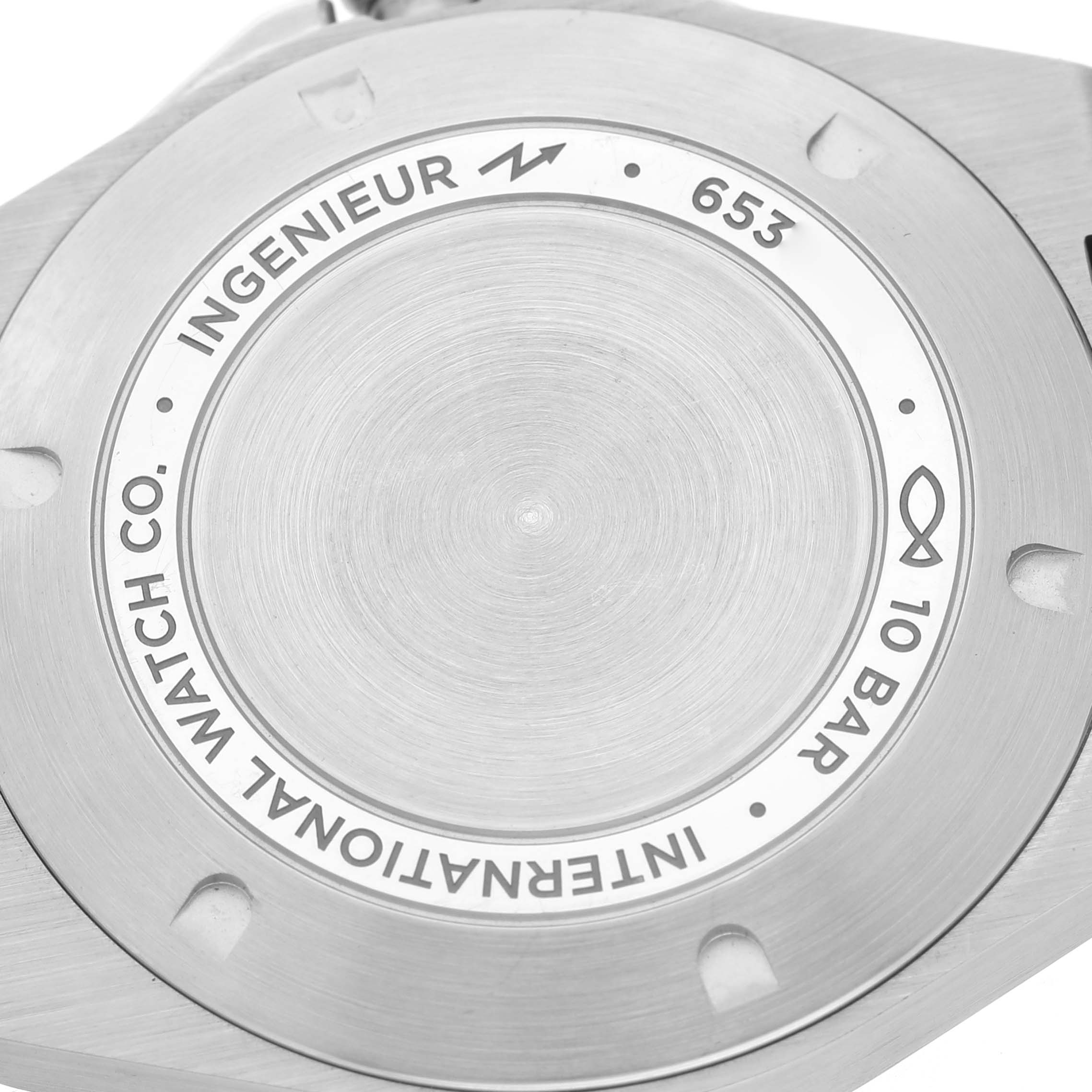 The image shows the back case of an IWC Ingenieur IW328903 Men's Stainless Steel Green Dial watch, displaying inscriptions and pressure rating details.