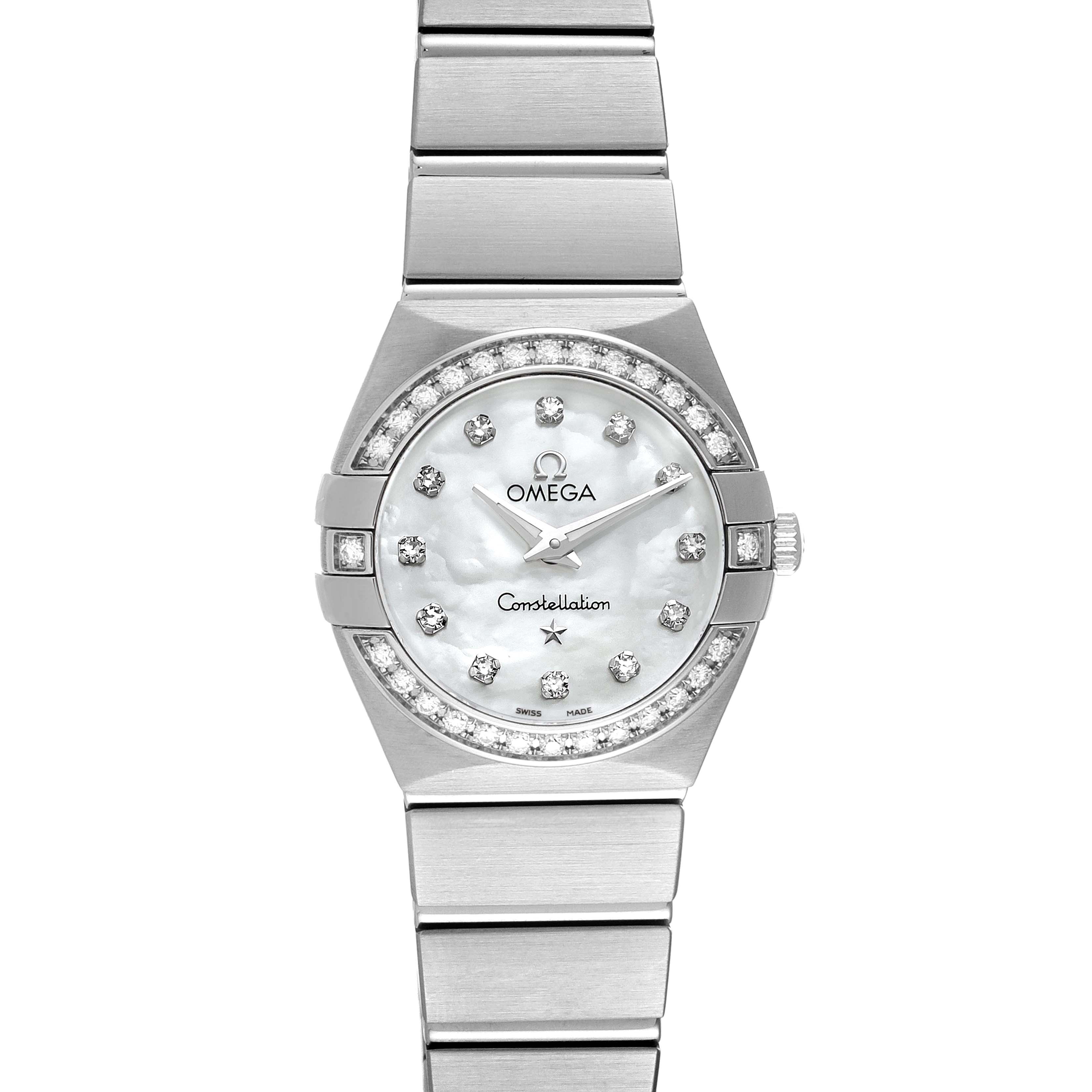 The Omega 123.15.24.60.55.003 Women's Stainless Steel Mother of Pearl Dial 123.15.24.60.55.003 Women's Stainless Steel Mother of Pearl Dial Constellation 24 Mother of Pearl Diamond Ladies Watch 123.15.24.60.55.003 is shown from the front, displaying its face and bracelet.