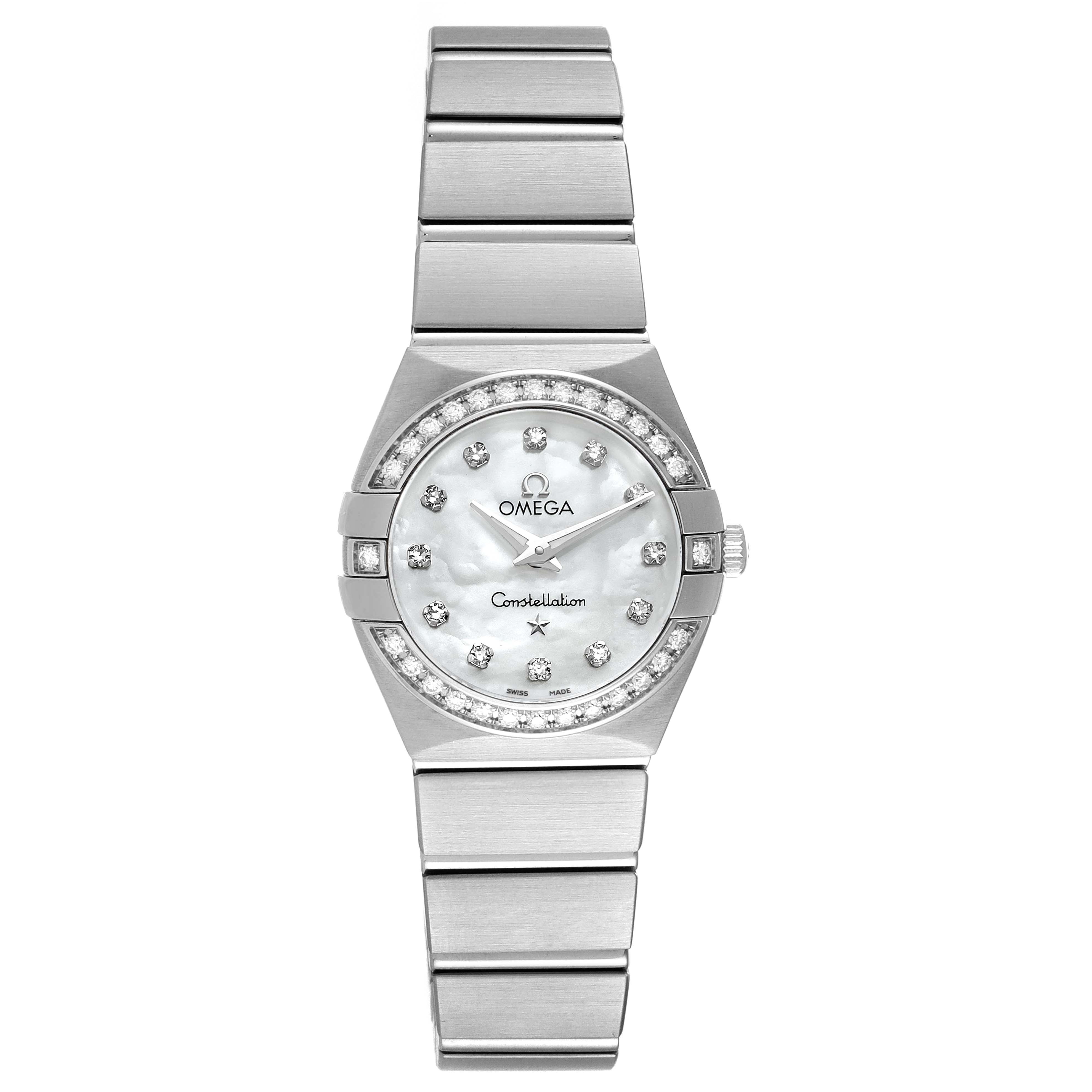 The image shows a front view of the Omega 123.15.24.60.55.003 Women's Stainless Steel Mother of Pearl Dial 123.15.24.60.55.003 Women's Stainless Steel Mother of Pearl Dial Constellation 24 Mother of Pearl Diamond Ladies Watch model 123.15.24.60.55.003, highlighting the dial and bracelet.