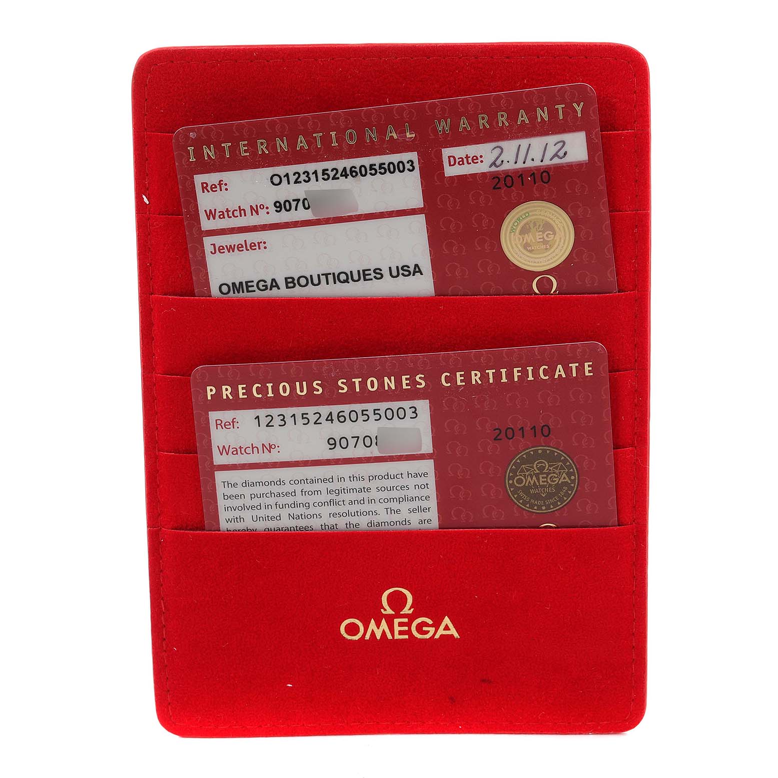 The image shows the warranty and certification cards for the Omega 123.15.24.60.55.003 Women's Stainless Steel Mother of Pearl Dial 123.15.24.60.55.003 Women's Stainless Steel Mother of Pearl Dial Constellation 24 Mother of Pearl Diamond Ladies Watch model 123.15.24.60.55.003.