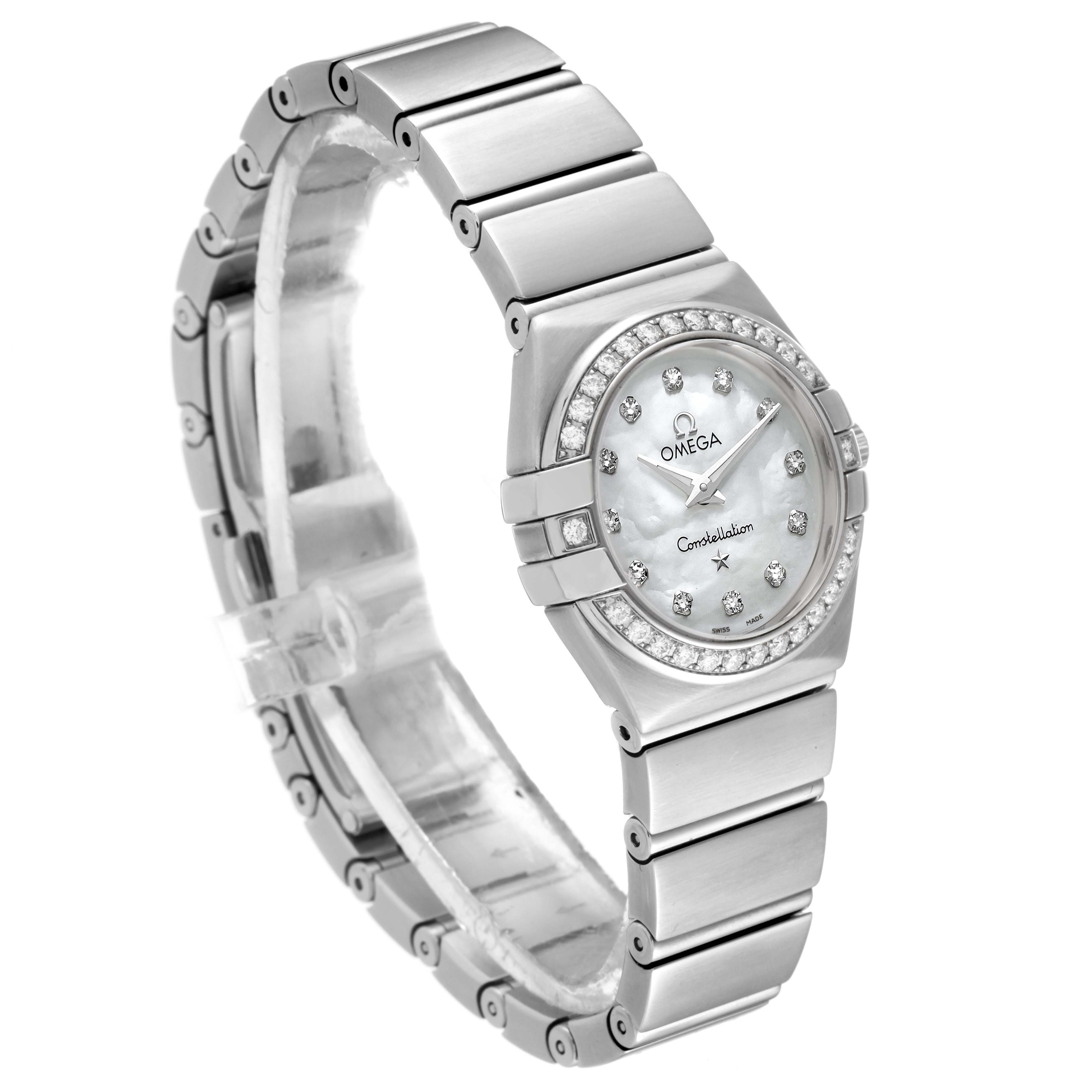 The Omega 123.15.24.60.55.003 Women's Stainless Steel Mother of Pearl Dial 123.15.24.60.55.003 Women's Stainless Steel Mother of Pearl Dial Constellation 24 Mother of Pearl Diamond Ladies Watch 123.15.24.60.55.003 is shown at a slight angle, highlighting the bracelet, bezel, and face.