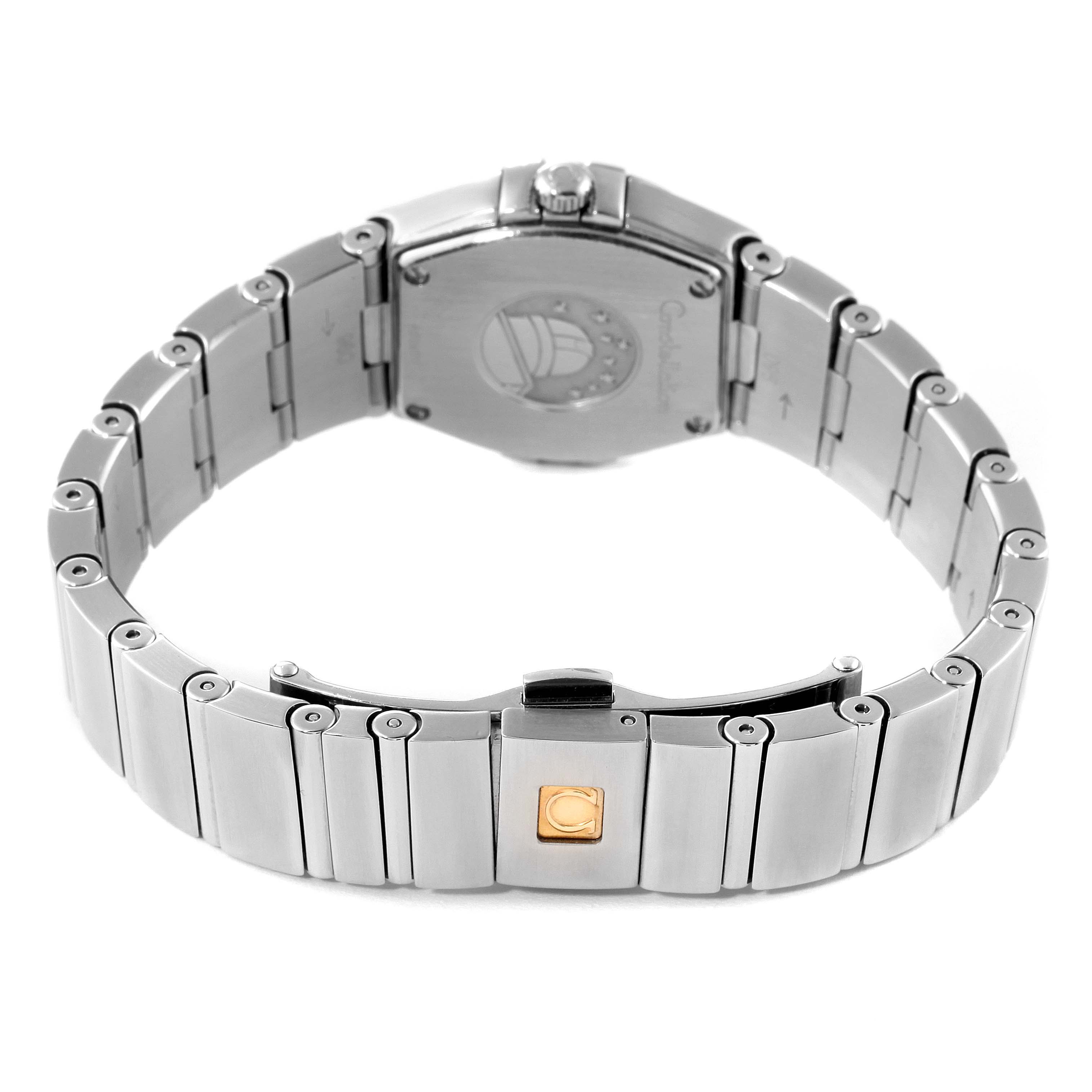 The image shows the back and partly open clasp of the Omega 123.15.24.60.55.003 Women's Stainless Steel Mother of Pearl Dial 123.15.24.60.55.003 Women's Stainless Steel Mother of Pearl Dial Constellation 24 Mother of Pearl Diamond Ladies Watch 123.15.24.60.55.003.