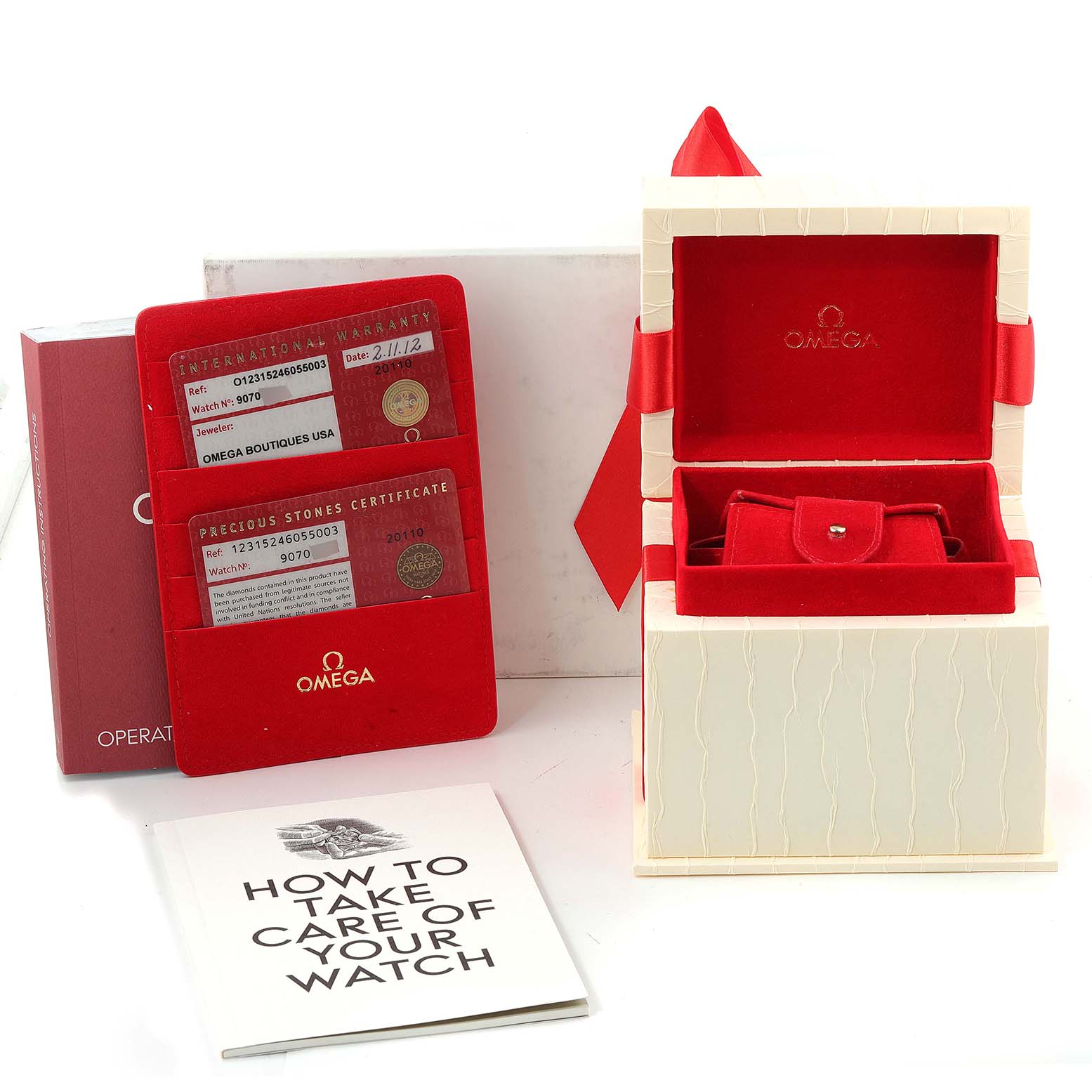 The image shows the box, warranty cards, and instructions for the Omega 123.15.24.60.55.003 Women's Stainless Steel Mother of Pearl Dial 123.15.24.60.55.003 Women's Stainless Steel Mother of Pearl Dial Constellation 24 Mother of Pearl Diamond Ladies Watch, model 123.15.24.60.55.003.