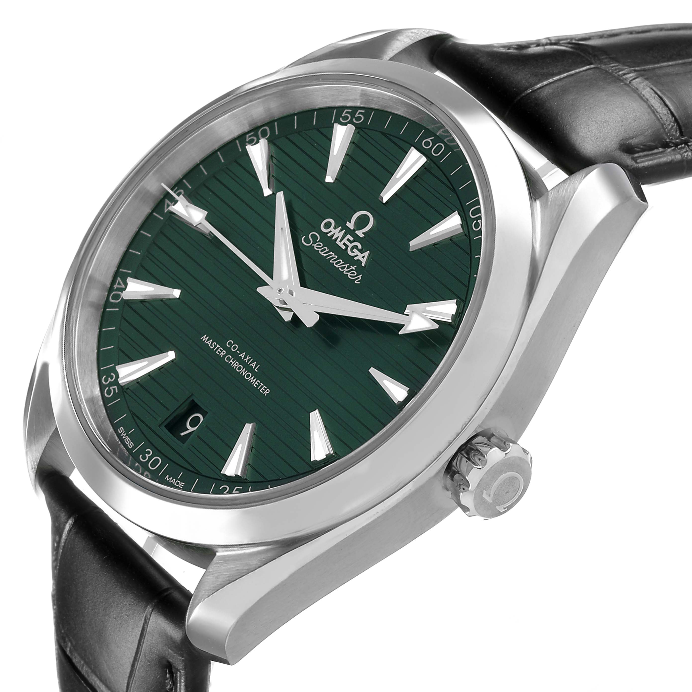 The image shows the Omega Aqua Terra 220.13.41.21.10.001 Men's Stainless Steel Green Dial watch at a slight angle highlighting the green dial, hands, case, crown, and black strap.