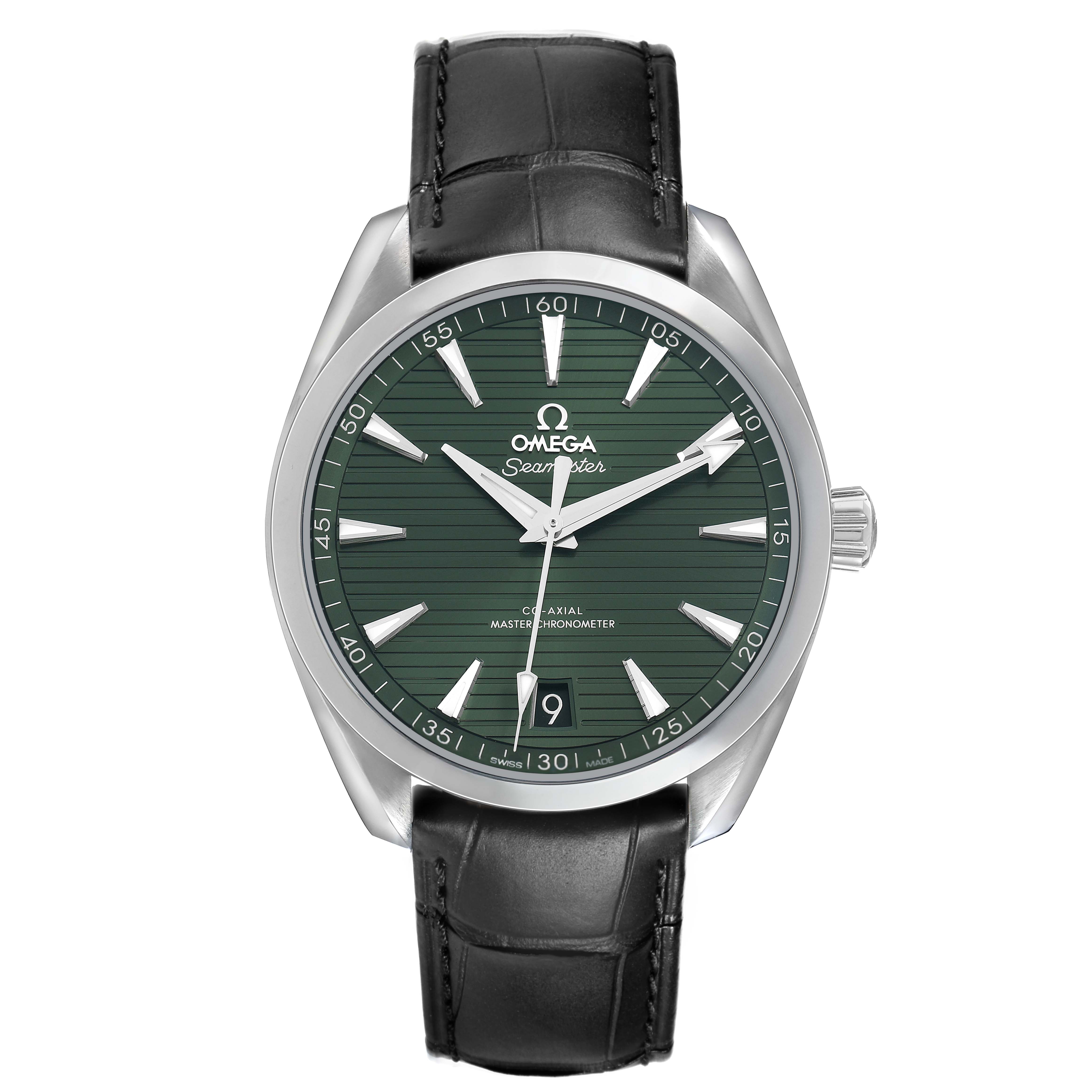 The Omega Aqua Terra 220.13.41.21.10.001 Men's Stainless Steel Green Dial watch is shown from the front, displaying its green dial, hands, indices, and leather strap.