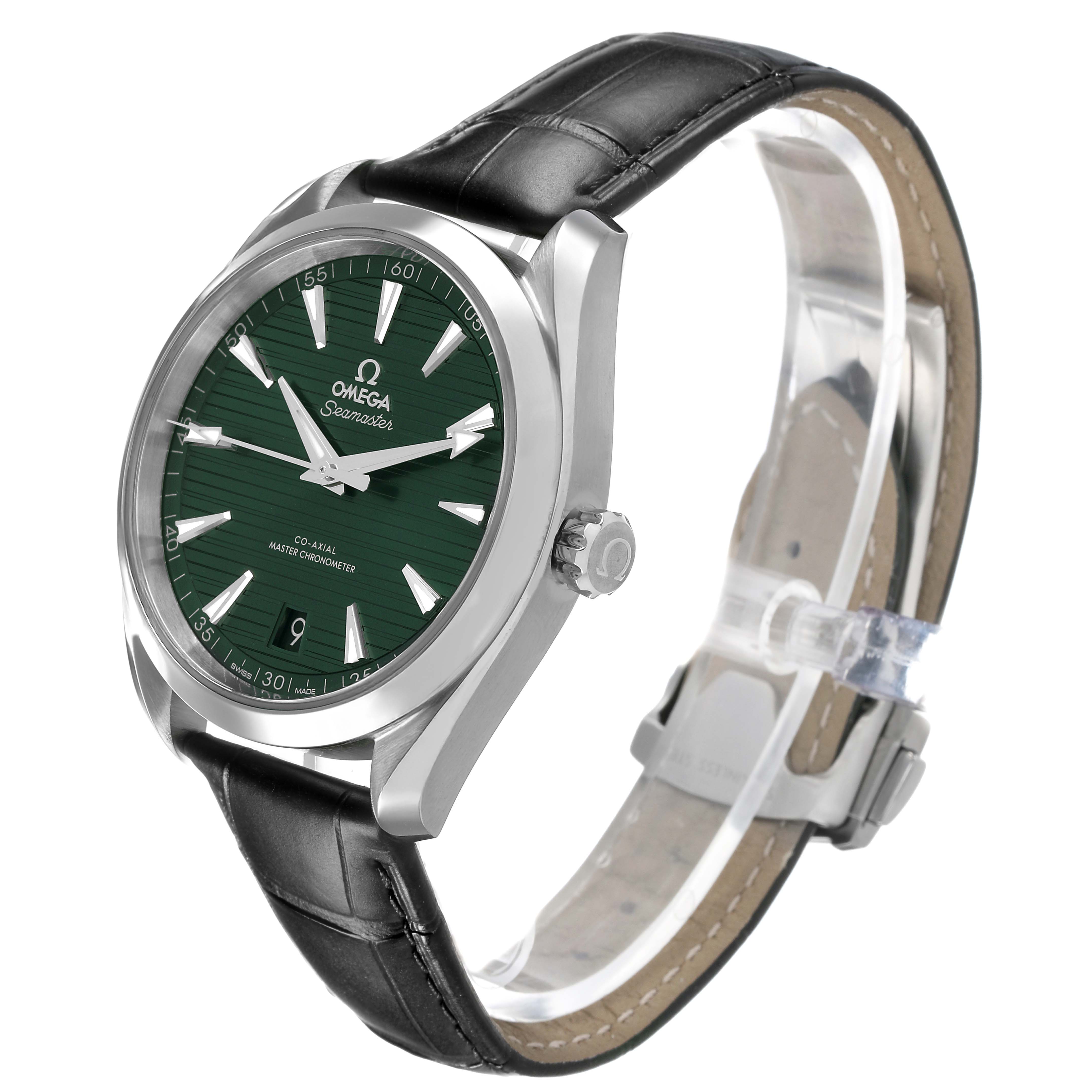 The Omega Aqua Terra 220.13.41.21.10.001 Men's Stainless Steel Green Dial watch is shown at a slight angle, highlighting the green dial, crown, and black leather strap.
