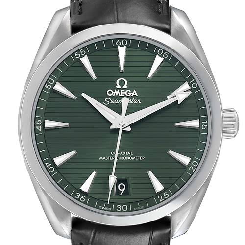 The Omega Aqua Terra 220.13.41.21.10.001 Men's Stainless Steel Green Dial watch is shown from the front, displaying its green dial, hands, indices, and date window.
