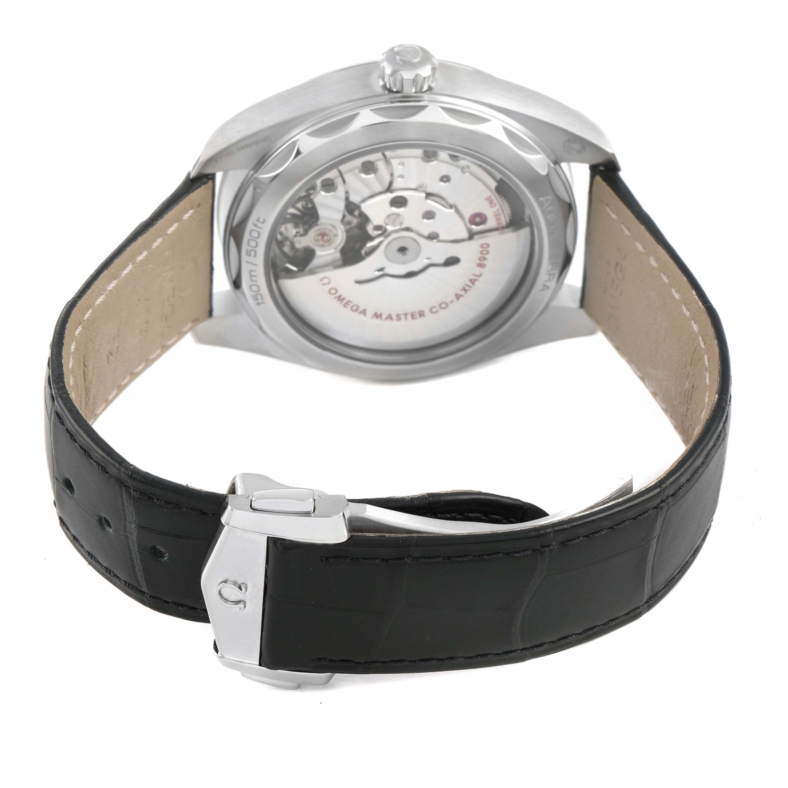 The Omega Aqua Terra 220.13.41.21.10.001 Men's Stainless Steel Green Dial watch is shown from the back, displaying the leather strap and transparent case back with visible movement.